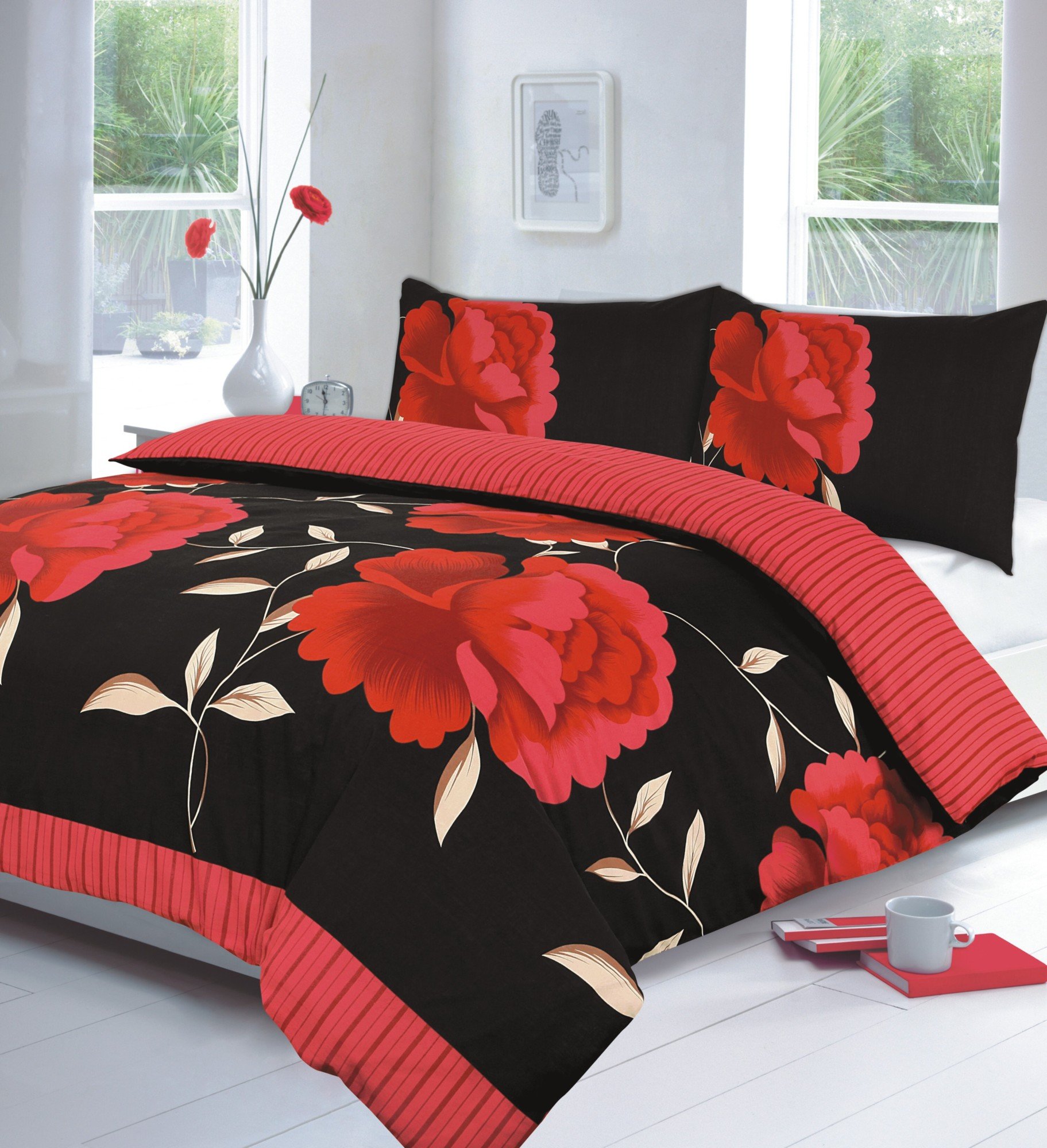 Goldstar® Rosaleen Black Red Double Duvet Quilt Cover With Pillow Case