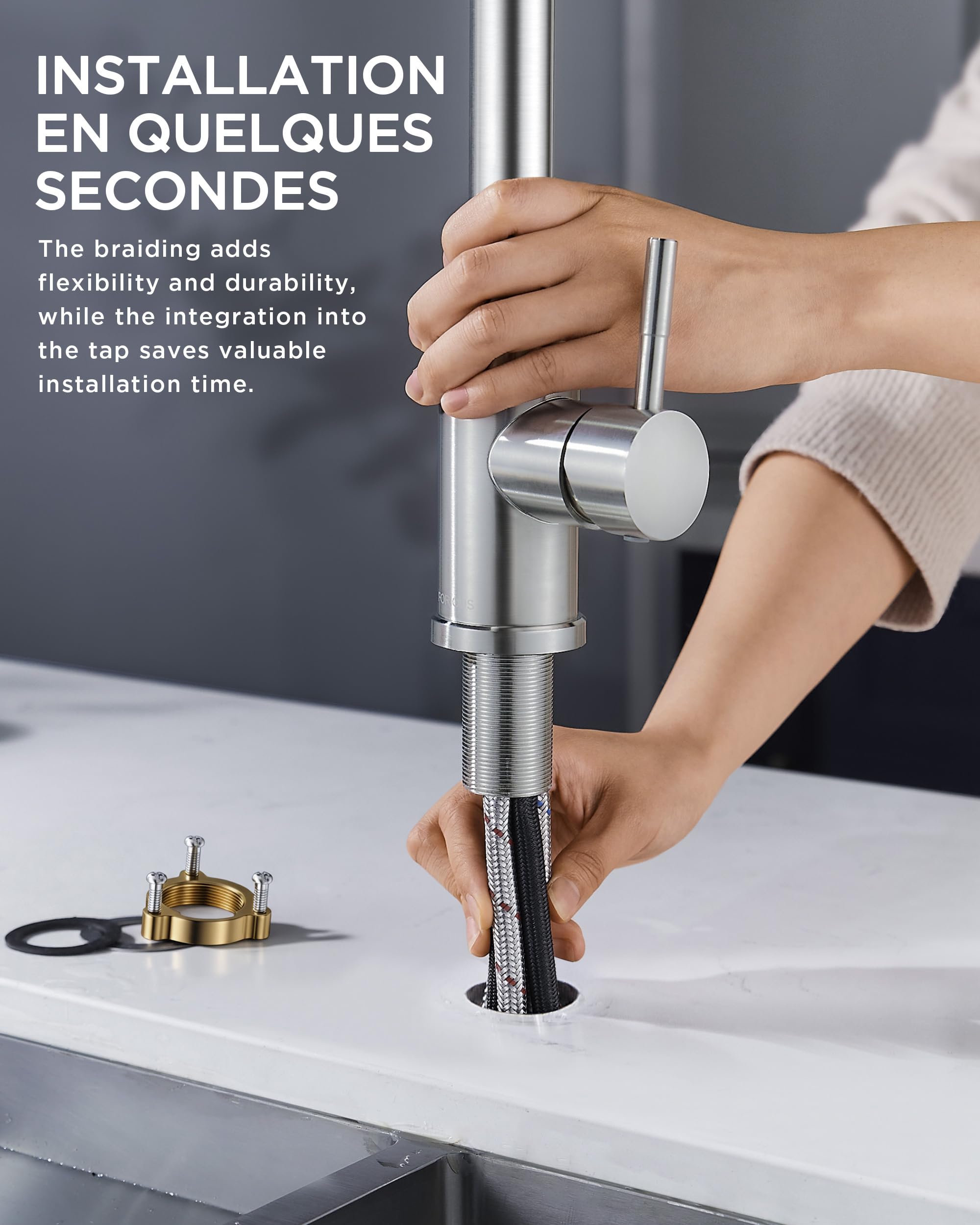 FORIOUS Robinet Cuisine, Mitigeur Cuisine, Pivotant à 360° d'Évier à Arc Élevé Pulvérisateur Escamotable 2 Modes, Acier Inoxydable