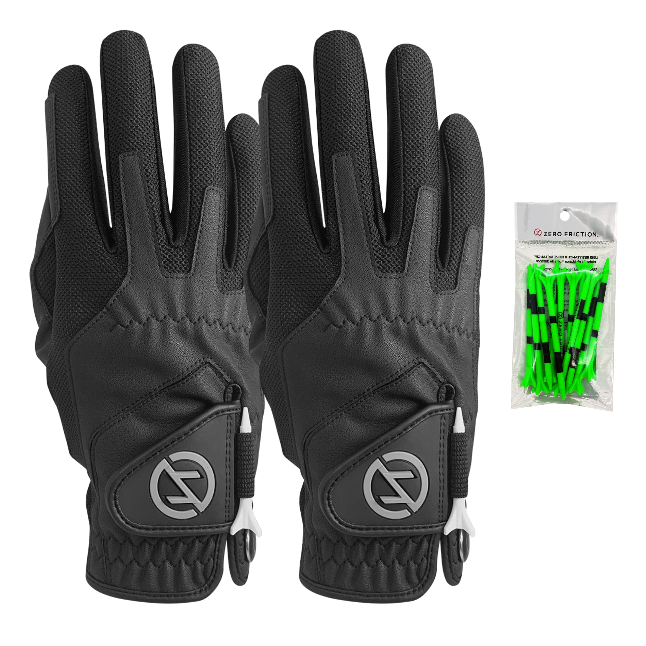 Zero FrictionMen's Compression-Fit Synthetic Golf Glove, Universal Fit One Size (Pack of 2) with Pack of Golf Tees