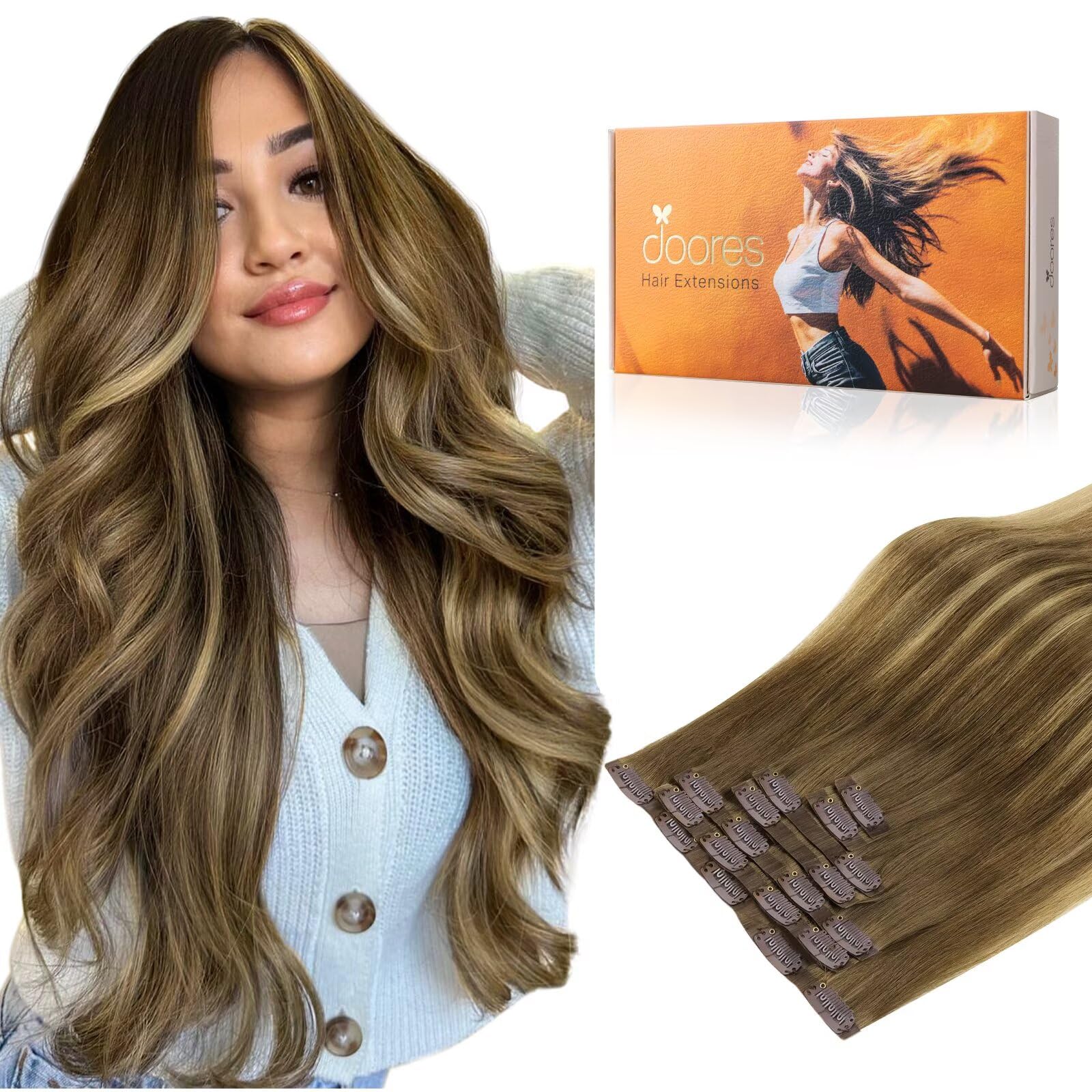 DOORES Seamless Clip in Real Human Hair Extensions, Medium Brown Highlighted Dirty Blonde, 20 Inch 7pcs 110g, Invisible Edge Remy Hair Extensions