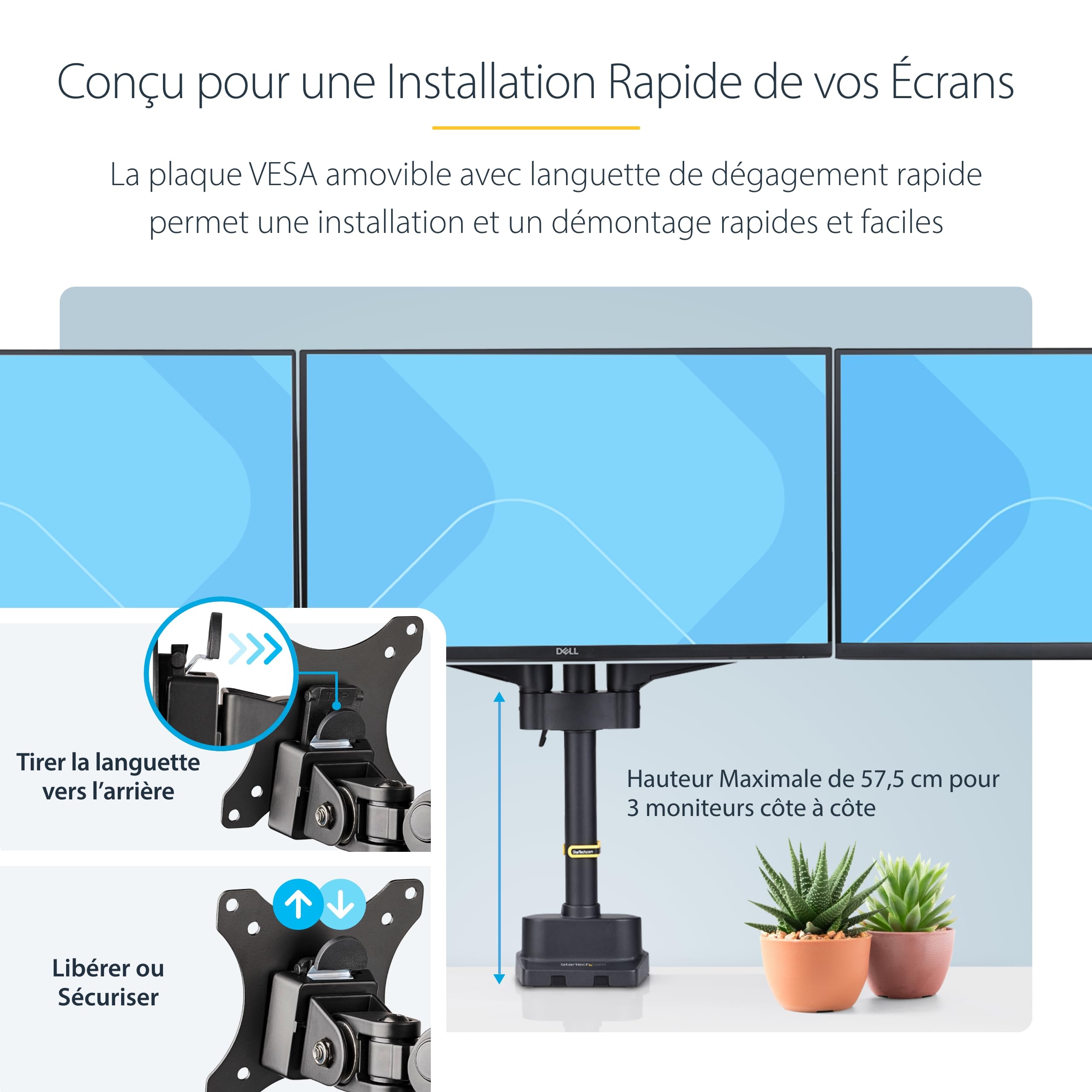 StarTech Support Bureau Bras 3 Ecrans 27", VESA (3MP2AG-MONITOR-ARM)