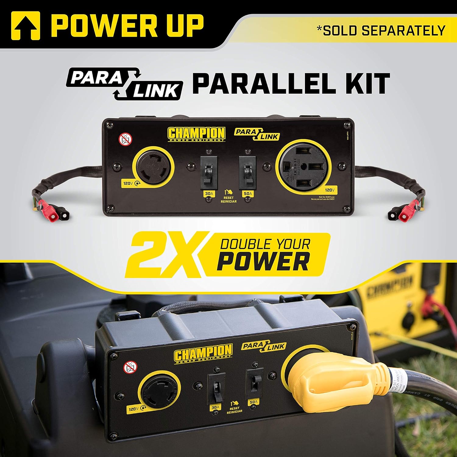 Image showing a parallel kit connected to two Champion generators for increased power.