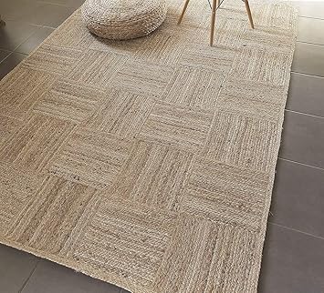 SEALION Handwoven Jute Design Rug, Natural Golden Fiber, Braided Reversible Carpet for Bedroom Living Room Dining Room (4x6 feet, Beige patta)