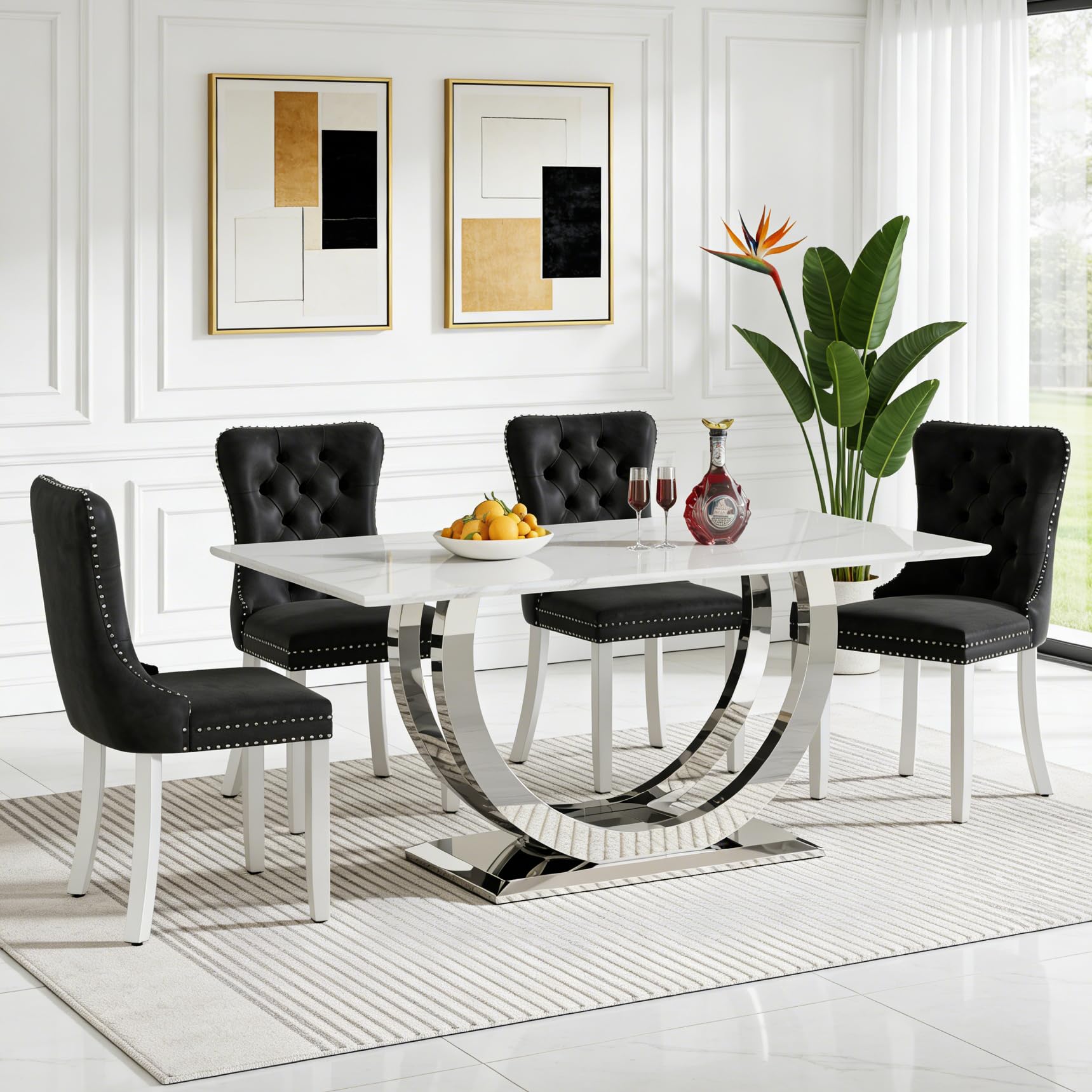 5-Piece Faux Marble Dining Table Set for 4, Luxury White Marble Silver Kitchen Table with 4 Black Tufted Chairs, 69.3" Rectangular Dining Room Table with Dual U-Shape Stainless Steel Base