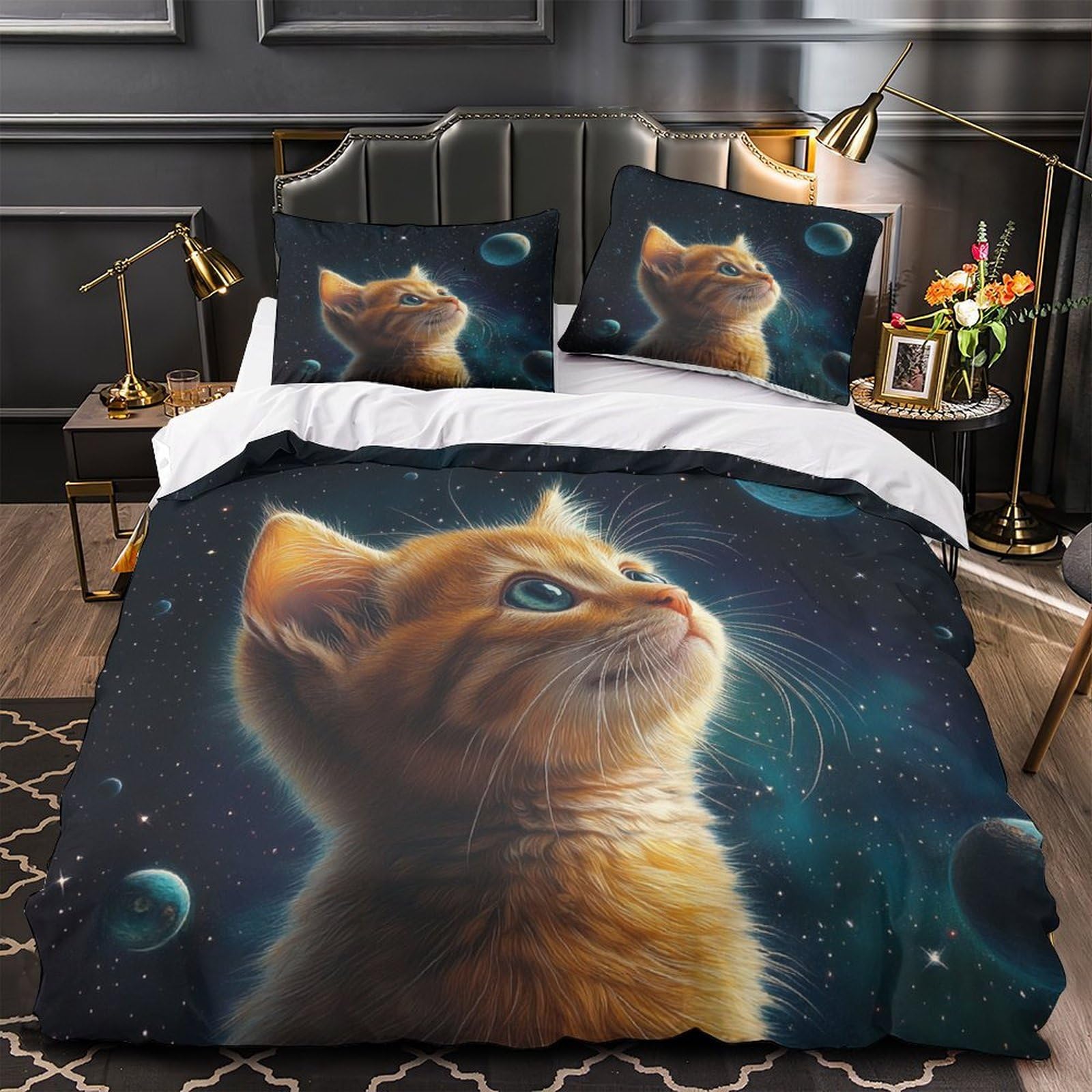 MMDASBVPE Cute Kitten Comforter Cover 3D Print Wrinkle-Resistant 3PCs Bed Linen Hidden Zipper Space Fantasy Duvet Cover Extra Soft Breathable for Teens Youth Adults Women Kids Boys Single（140x200cm）