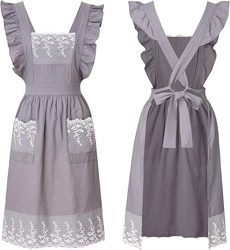 Miniatura 1 de Delantal vintage para mujer con bolsillos, lindo delantal de algodón y lino con espalda cruzada para jardinería, cocina, hornear