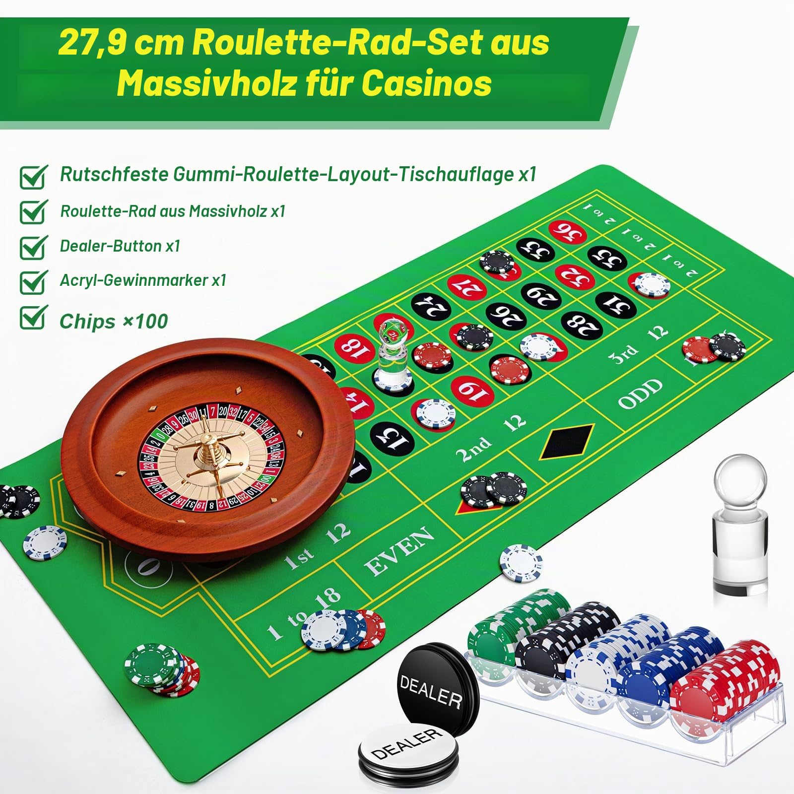 Lunmon Roulette-Rad Spiel-Set beinhaltet 27,9 cm Massivholz-Roulette-Rad, 88,9 x 40,6 cm, Gummi, tragbare Roulette-Tisch-Layout-Matte, 100 Chips, Roulette-Marker, Dealer-Taste