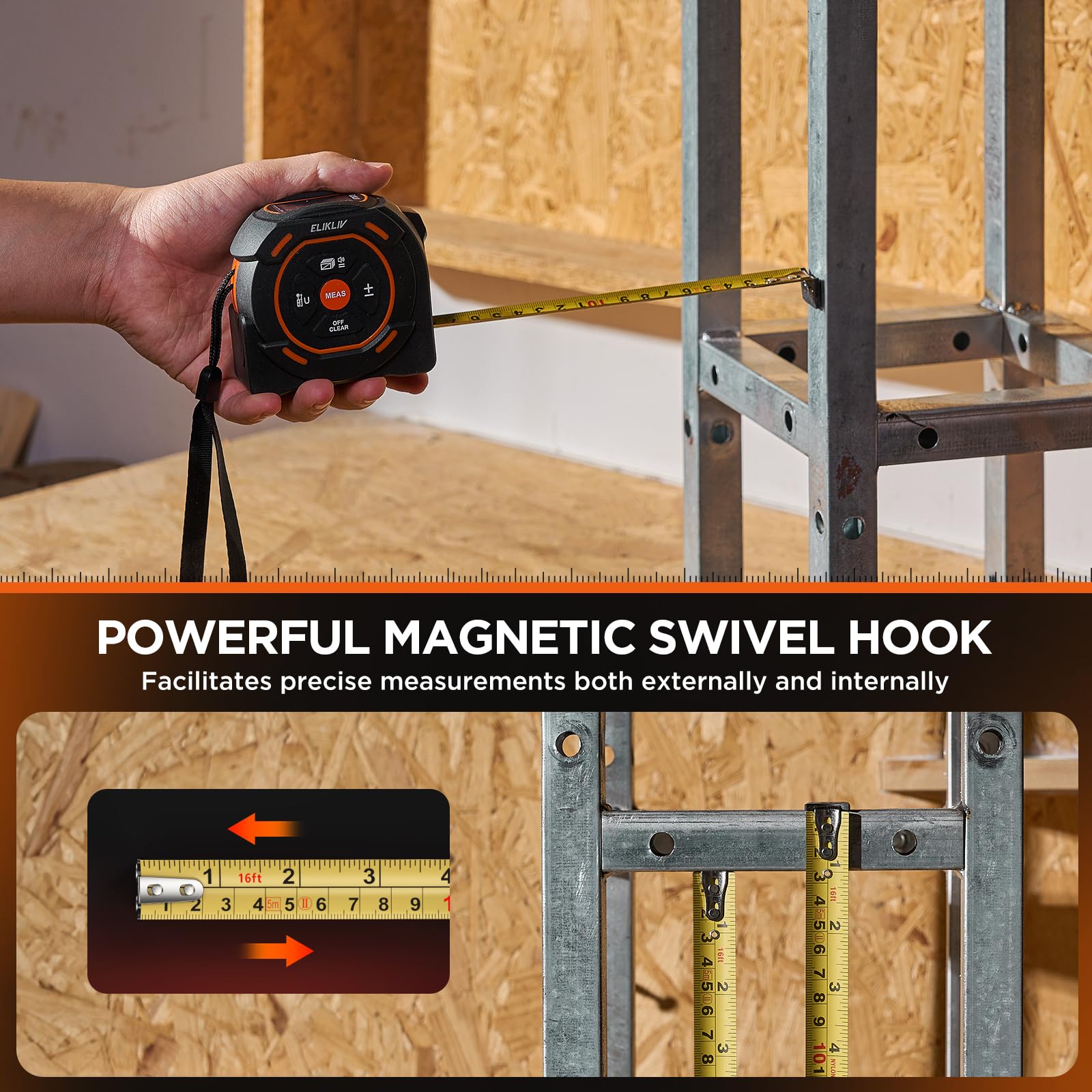 Laser-Bandmaß 197Ft Laser-Messung & 16Ft manuelle Messung Digitales Maßband Unterstützung für Pythagoras-Modus, Fläche, Volumen, Ft/Ft+in/in/M Einheit Distanzmesser für Woodworker Tool