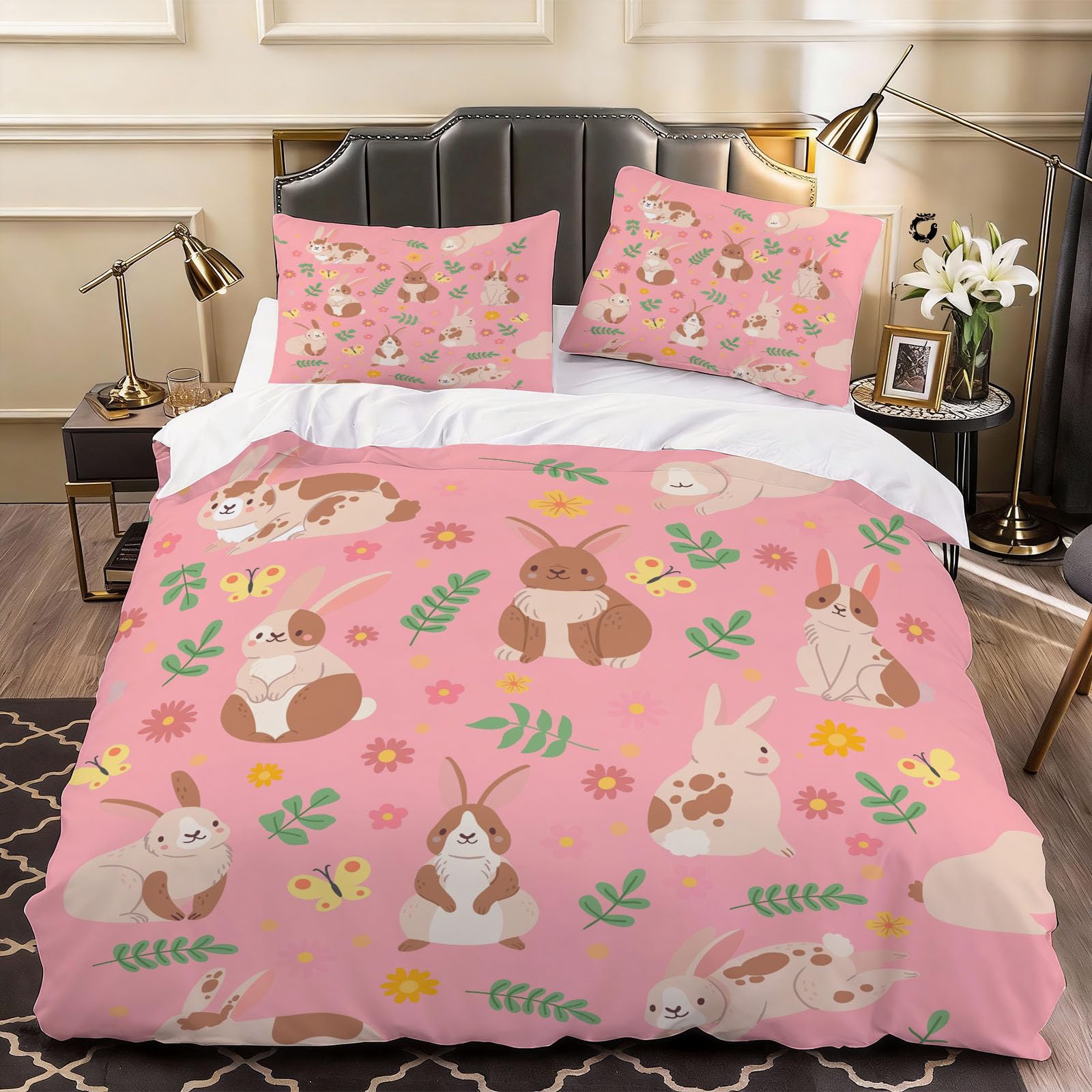3D Cartoon Rabbit Duvet Cover Child Teen Bedding Double Bed Set, Soft Microfiber Comforter Cover Printed with Zipper Closure Quilt Coverr 200x200 cm and 2 Pillowcases