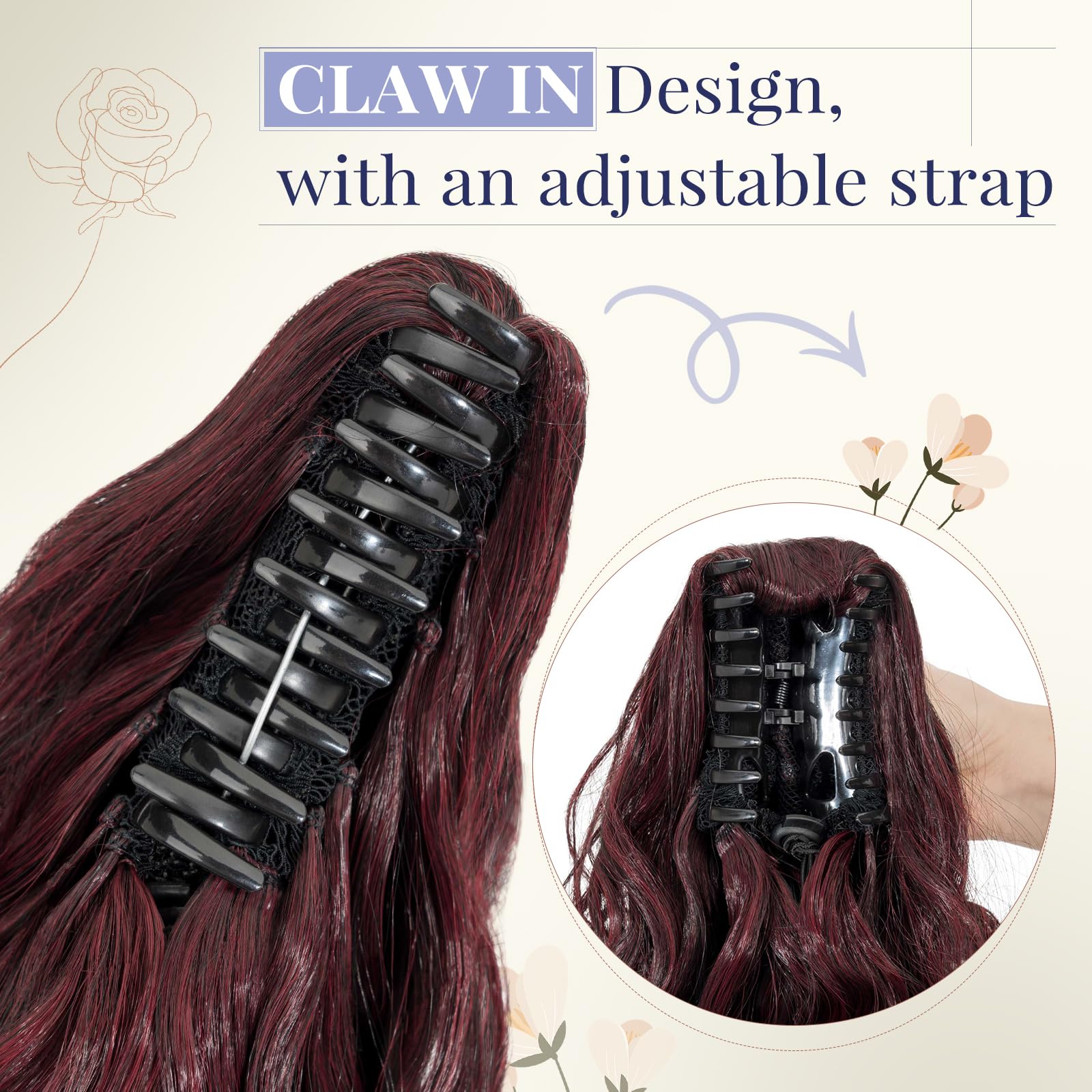 TESS Claw On Ponytail Extension Matte Material 14 Inch/37cm Curly Wavy Clip In Pony tail Synthetic Hairpiece, Burgundy Gradient - Image 4
