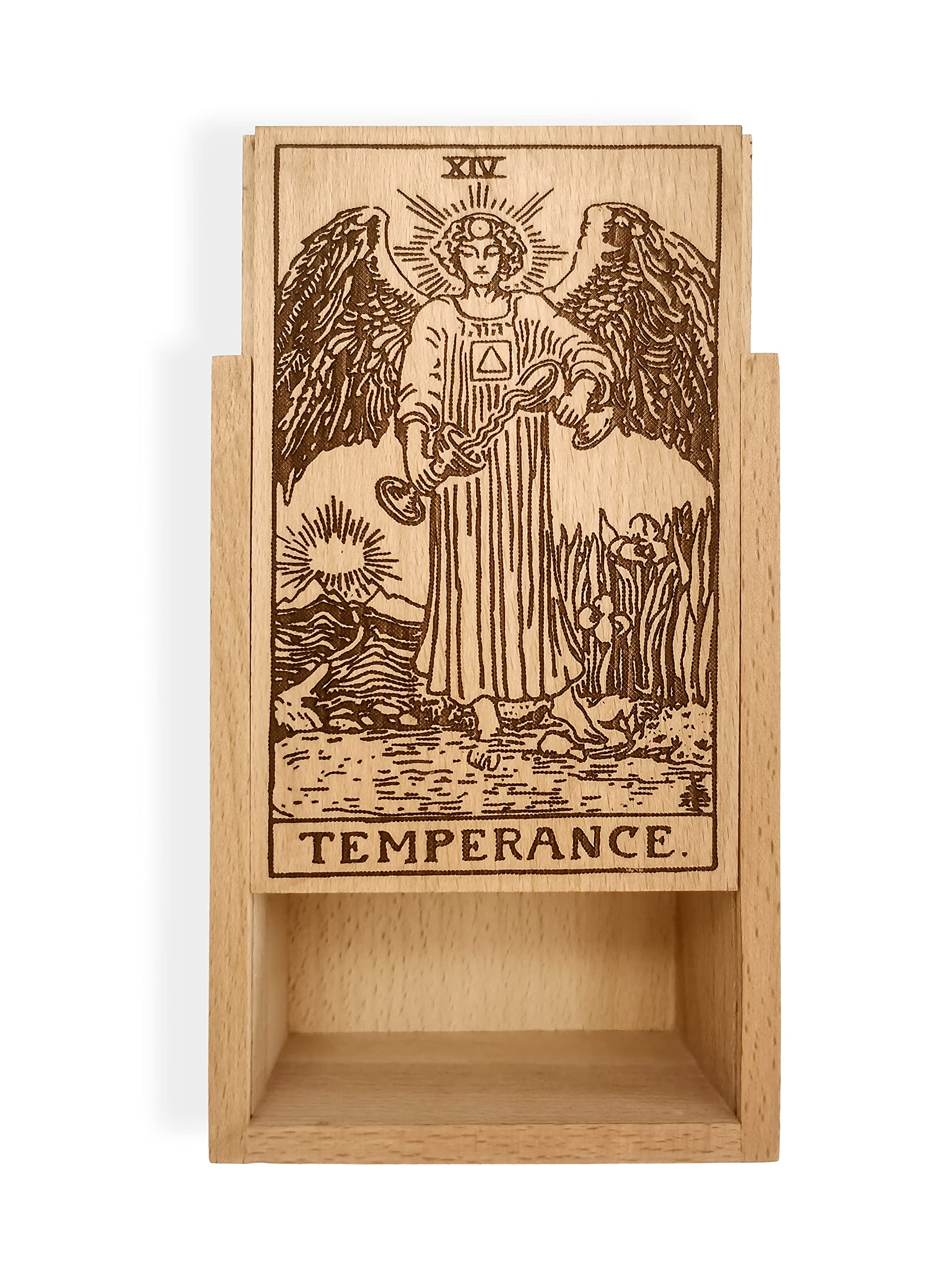 Hecate's Light Große Holz-Tarotbox, Altarbox, Holz-Tarotbox, Buchenholzbox zur Aufbewahrung von heiligen Hexereiwerkzeugen,Hexe Gravur Holzbox,Tarot-Design Schiebedeckel (Temperance (Groß) ))