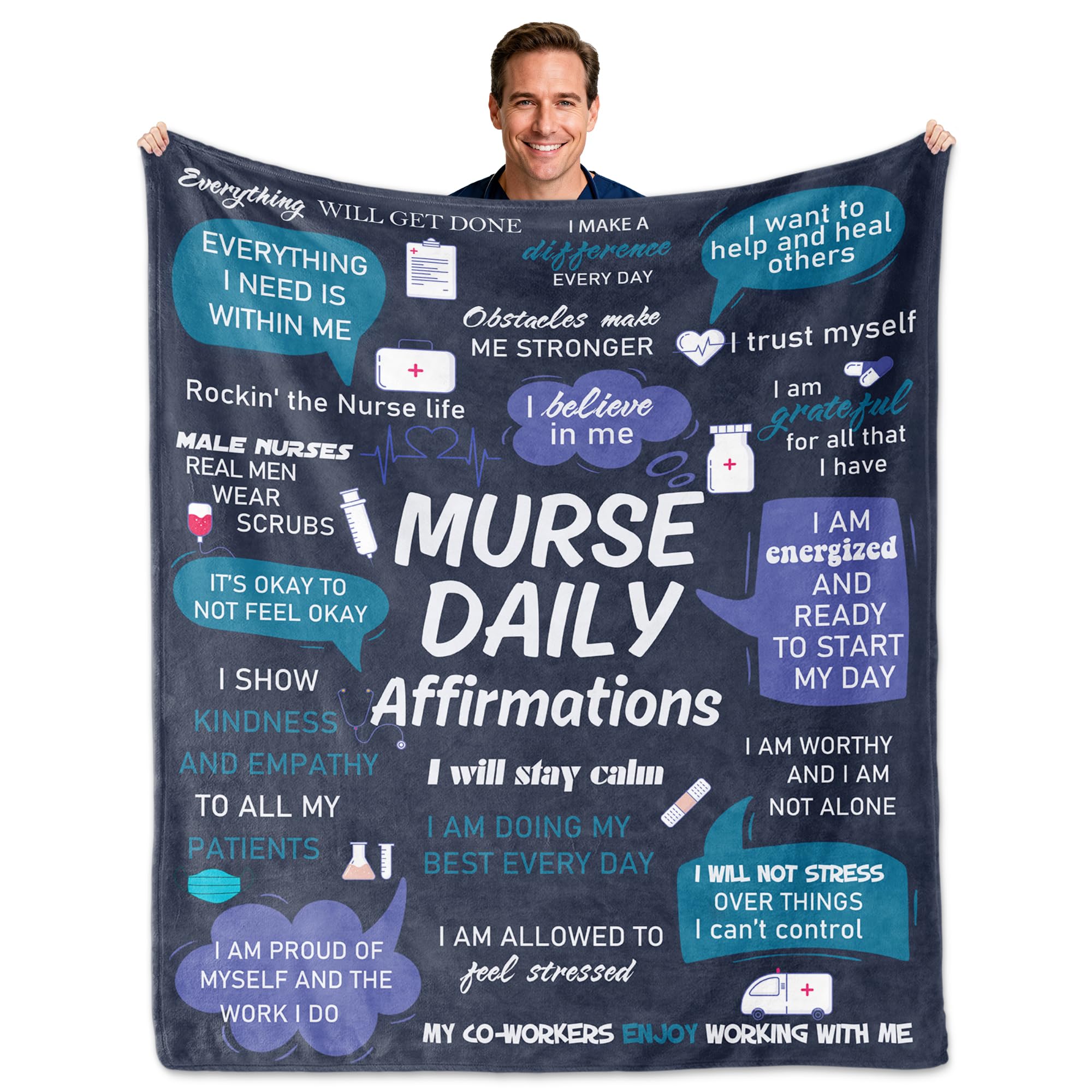 Male Nurse Gifts, Nurse Week/Day Gifts for Men, Gift for Male Nurses, Males Nurses' Nursing Gift for Men on Thanksgiving or Christmas Day, Soft Blanket with Daily Affirmations 60"x50"