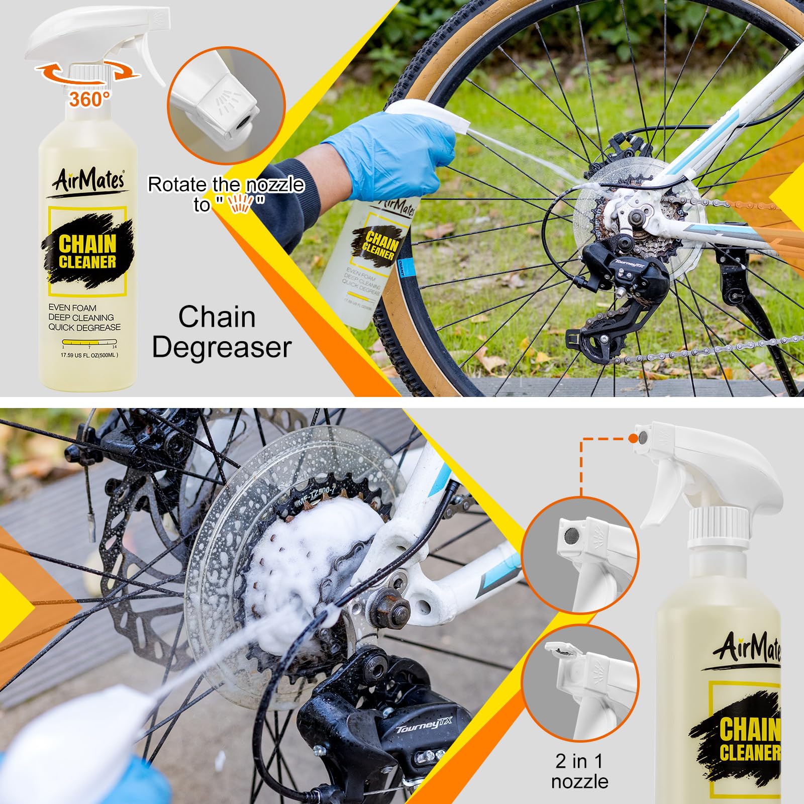 Airmates Bike Chain Cleaning Kit: Including Bicycle Chain Cleaner Degreaser, Cycling Chain Lube, Cleaner Brush Tool and Gloves Suitable for MTB Ebike Road Bike and Trail Bikes