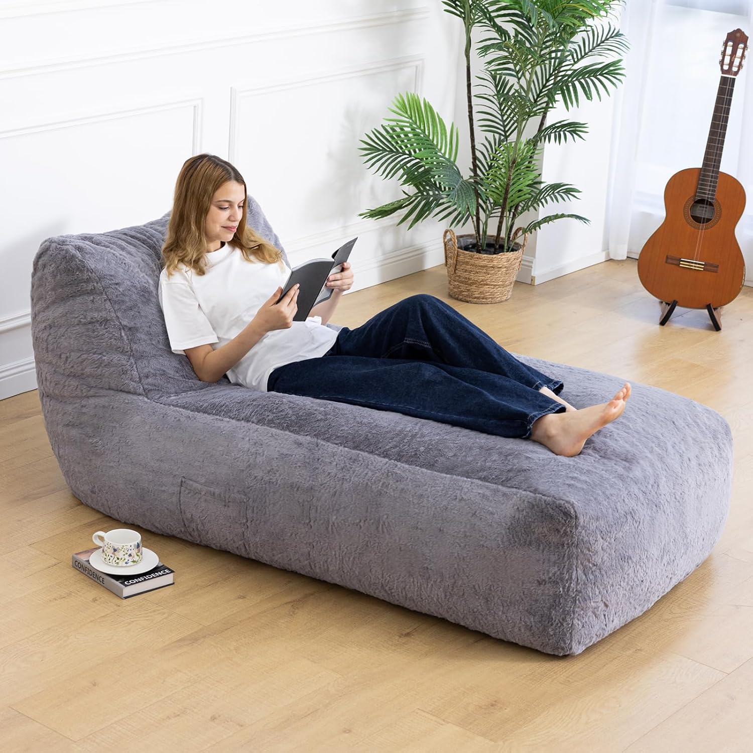 Giant Bean Bag Chair for Adults (59"x34"), Big Faux Fur Plush Bean Bag Lounger, Large Memory Foam Lounger Chair with Pockets for Living Room, Bedroom & Dorm (Grey)