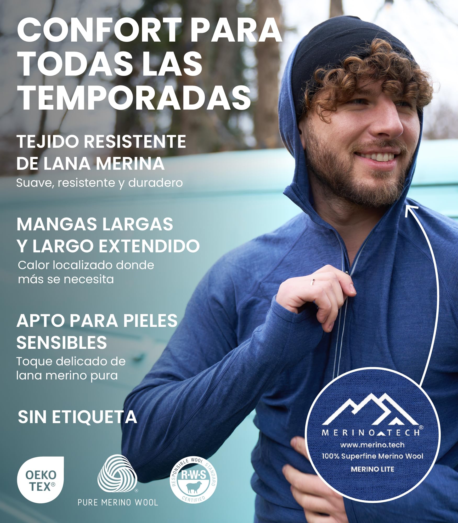 Merino.tech 100% Sudaderas Hombre con Capucha de Lana Merino | Absorbe sudor, capa media ligera para trekking y ocio. No pica, neutraliza olores