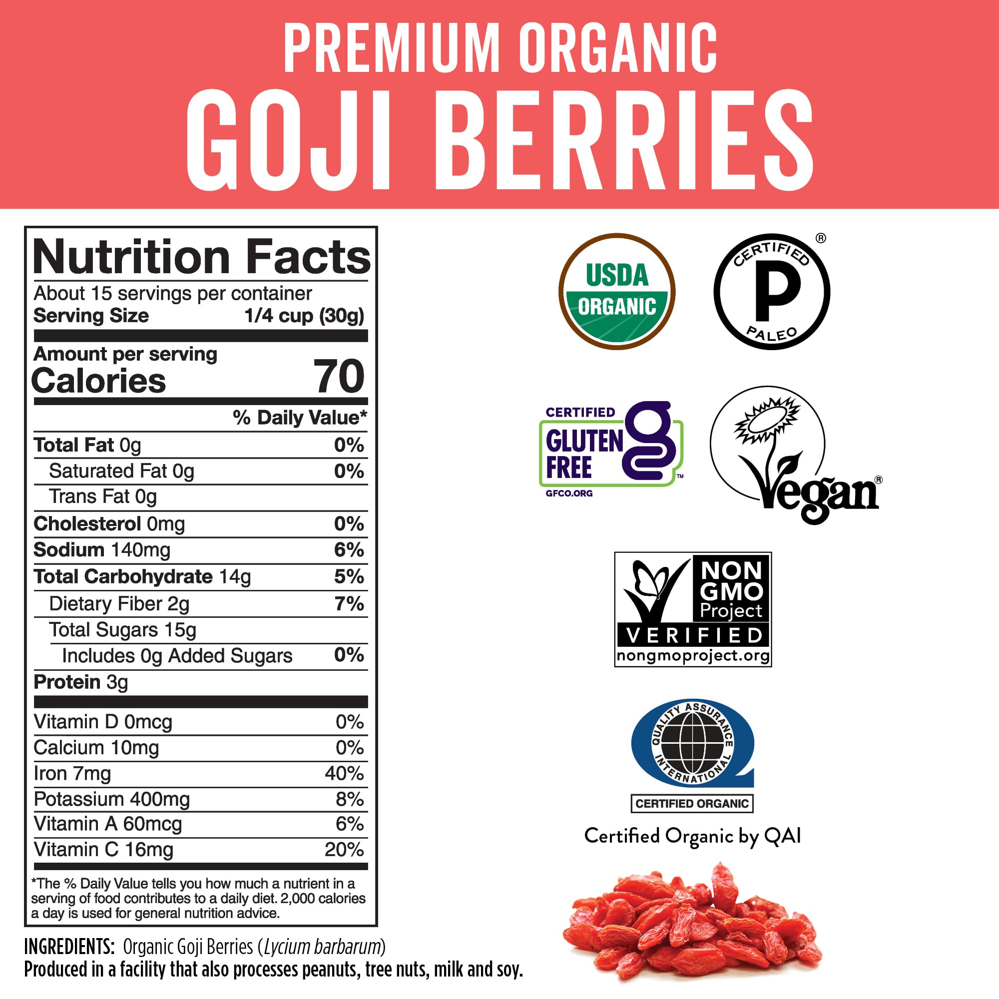 Organic Dried Goji Berries, 1 lb Non-GMO and Vegan Organic Berries, Dried Berries Perfect for Goji Berry Powder, Tea, Smoothies, Baking and Snacks, Goji Berries Organic Dried (454 g) - Image 6