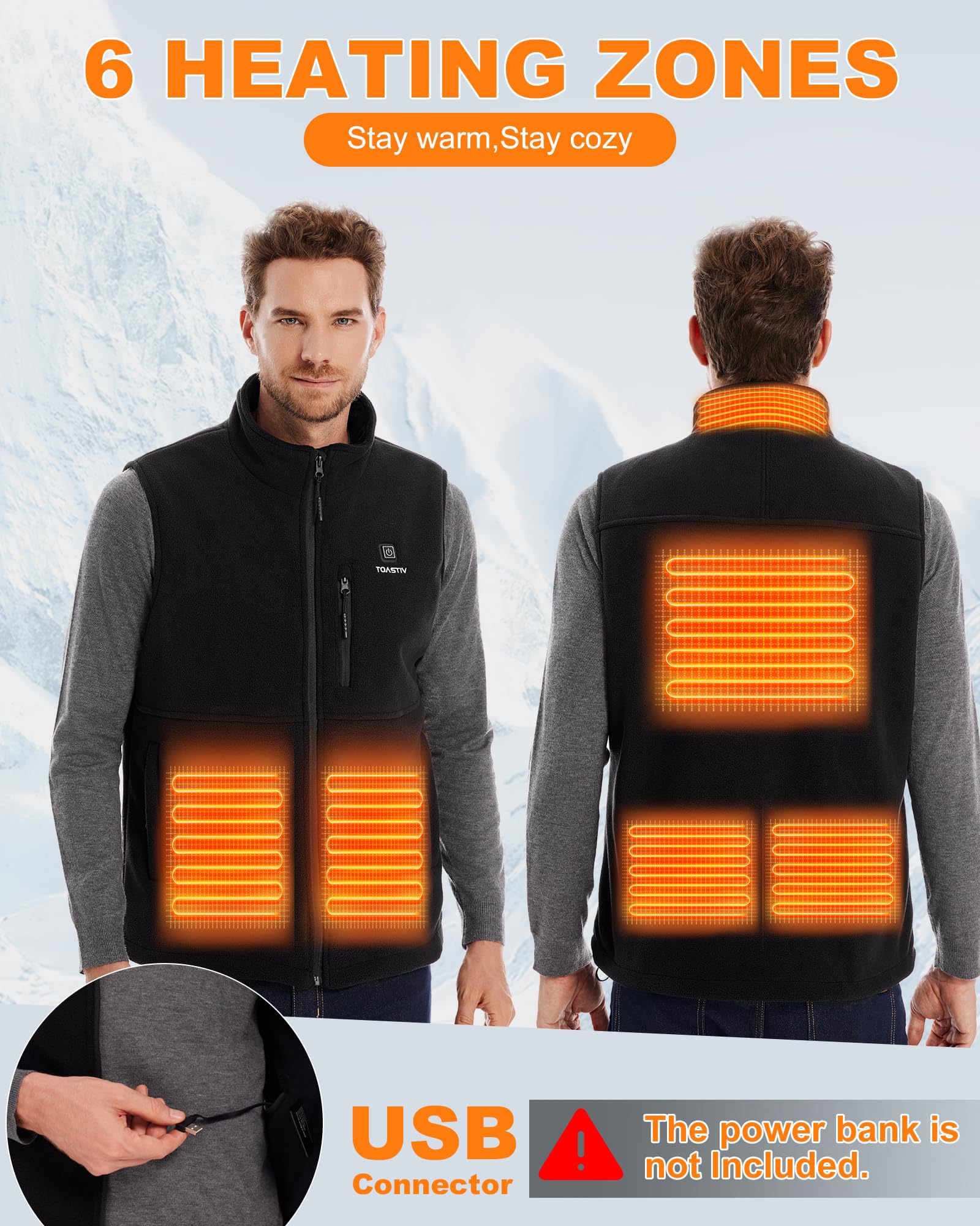 Toastiv Gilet Riscaldato in Pile Uomo, Gilet Riscaldato Elettrico con 3 Temperature, 6 Zone di Riscaldamento, Giacca Riscaldata USB, Gilet Riscaldato per Attività Outdoor (Senza Batteria)