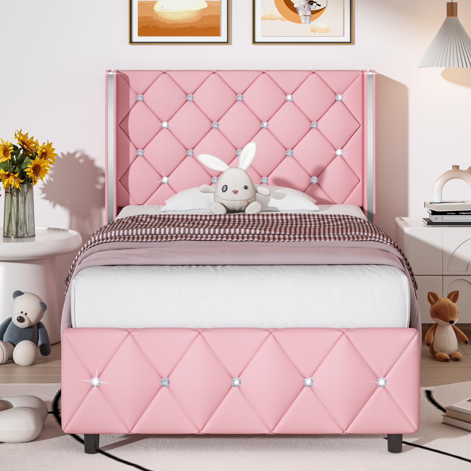 HOMBCK Pink Bed Frame Twin Size, Upholstered Bed Frame with Diamond Tufted Headboard, Twin Bed Frames for Girls, Cute Princess Bed, Faux Leather, Wooden Slats Support, No Box Spring Needed