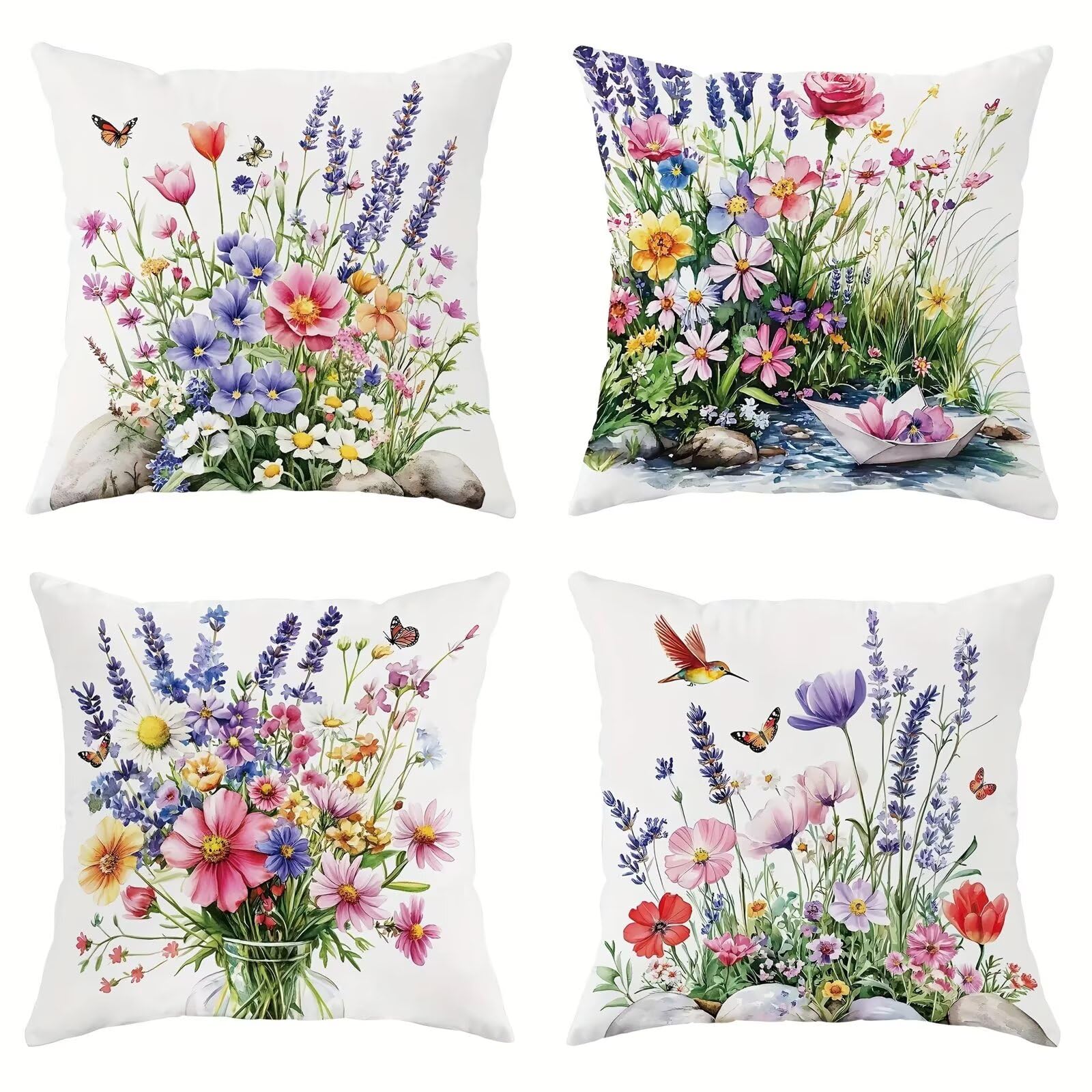 Heaen Outdoor Cushions Covers Waterproof 35x35 cm Set of 4 Square Linen Pillow Cases Pink Flowers Lavender Decorative Dushions for Sofa Porch Patio Home Decor