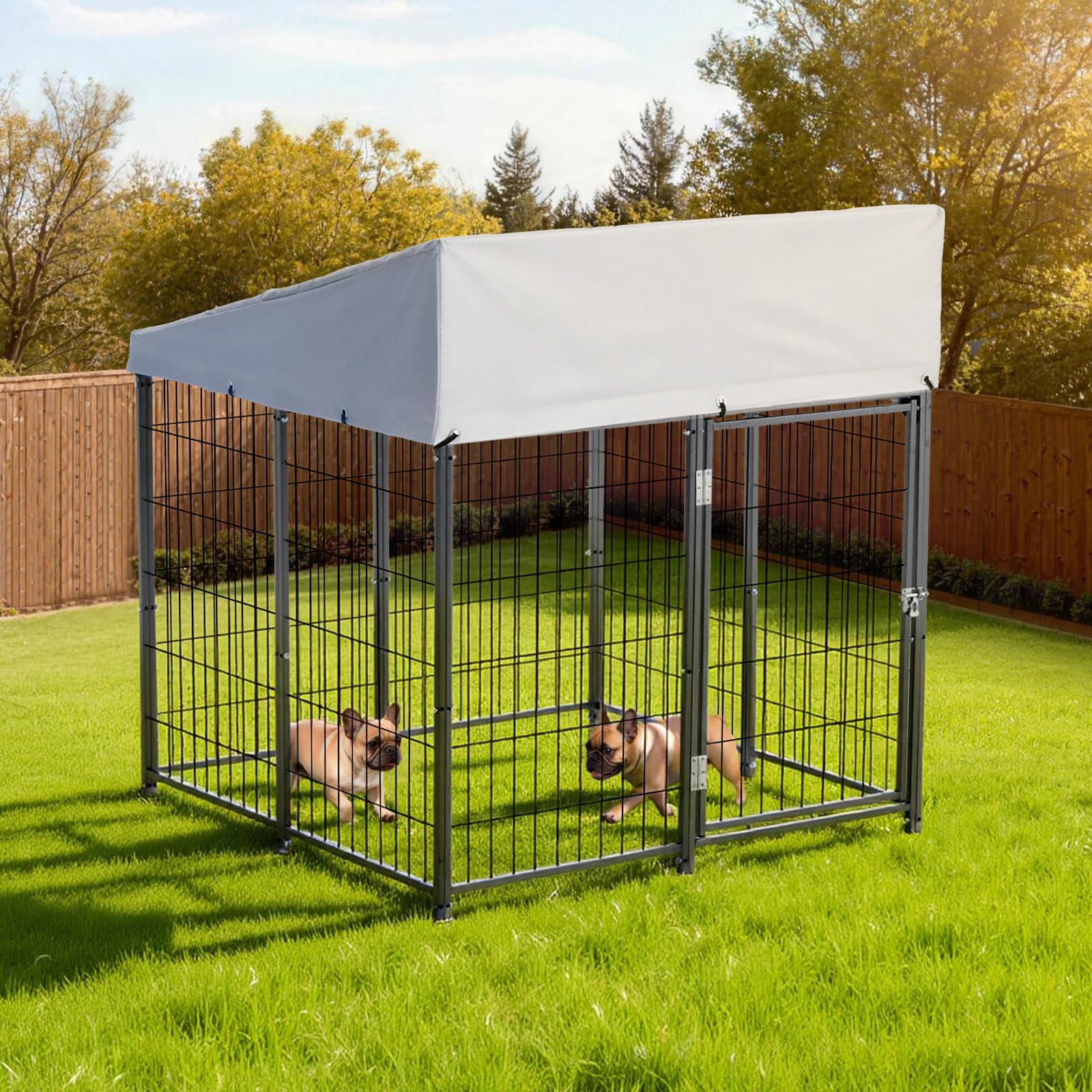 VEVOR Perrera de Exterior, 1,12 x 1,15 x 1,25 m, Parque para Perros con Cerradura y Toldo, Anti-UV Impermeable, Marco Metálico, Caseta de Malla para Perros Medianos en Patio Jardín Terraza, Negro