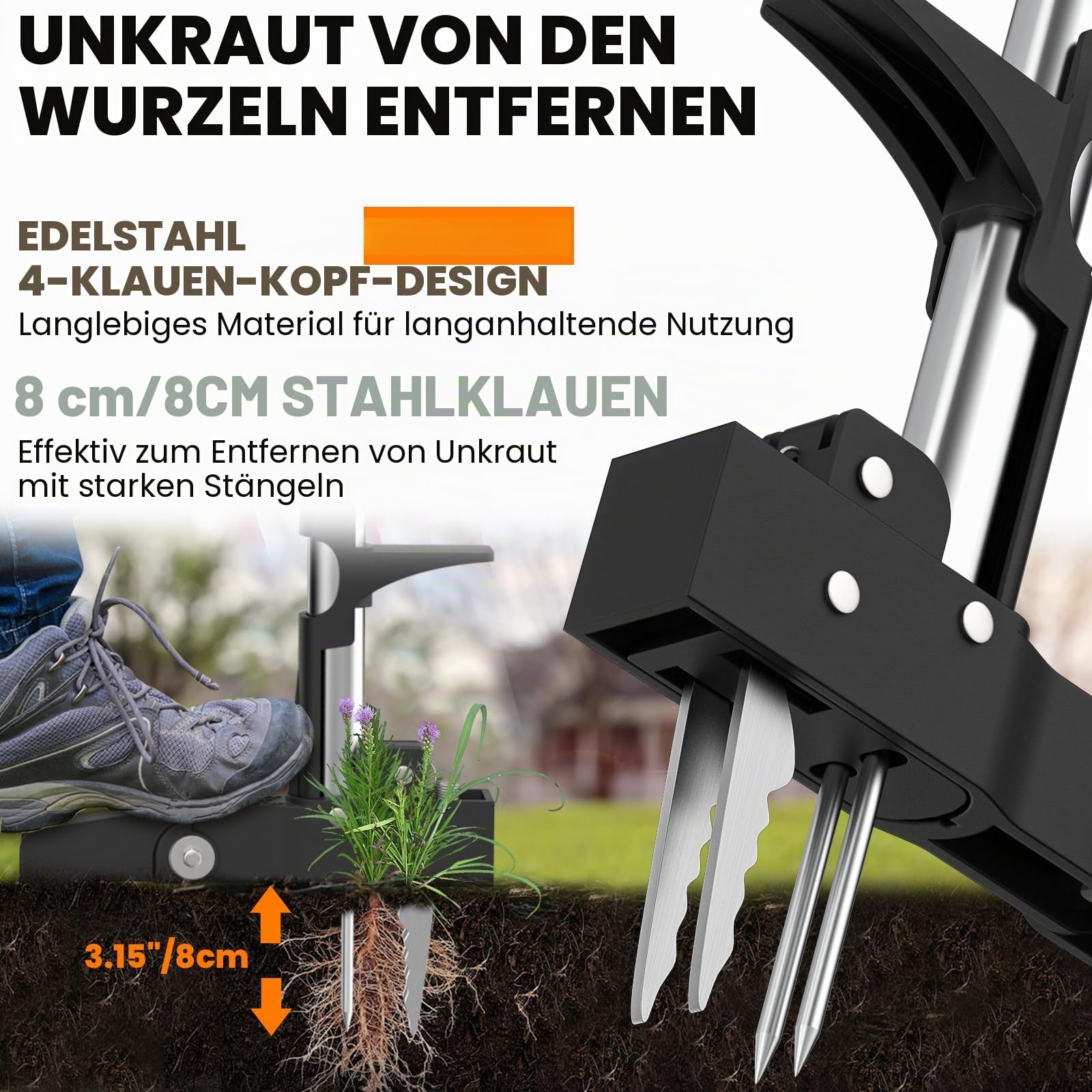 Unkrautstecher, Stand-Up Unkrautentferner mit Stiel, Unkrautzieher mit 4 Krallen, Gartenjäterwerkzeug mit Ergonomischem 99cm Langem Griff, Robustes Gartenwerkzeug-Werkzeug ohne Bücken oder Knien
