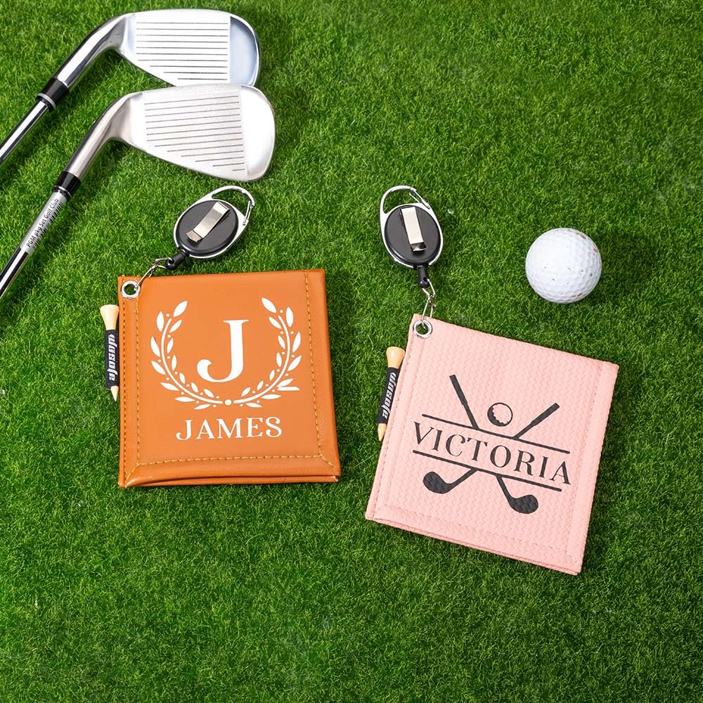 Dearlovey Personalized Name Portable Leather Golf Towel, Golf Ball Washer with Stretchable Lanyard, Father's Day/Birthday Gift for Dad/Husband/Golf Lover