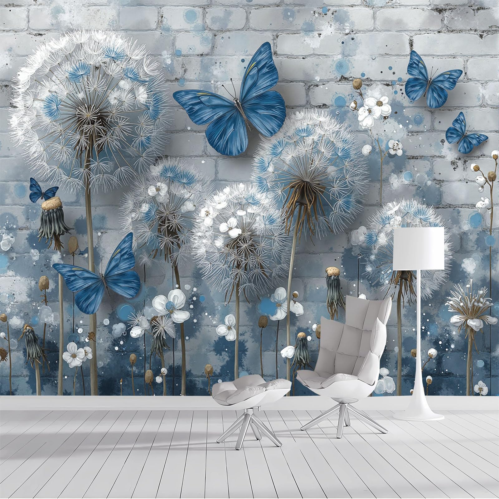 Papier peint panoramique 300x210 cm gris-bleu pissenlits champêtres pour salon