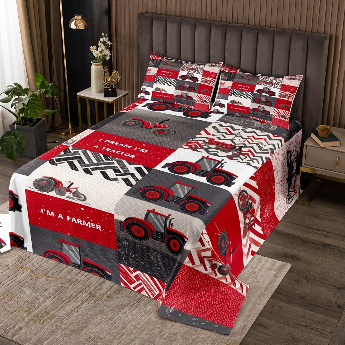 Erosebridal Kids Tractor Quilt Set for Boys Girls Red Cartoon Tractor Bedspread Set King Farm Vehicle Truck Bedspread Sets Equipment Construction Coverlet Set Rustic Geometric Plaid Room Decor