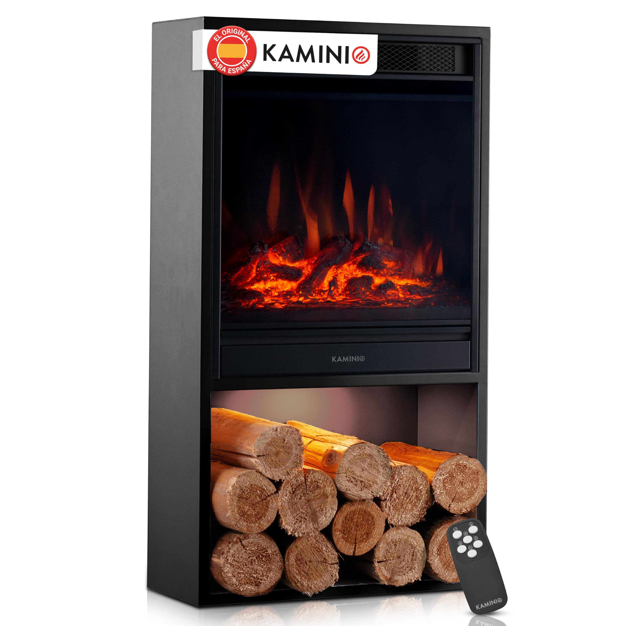 KAMINIO Chimenea eléctrica Hugo - Estufa de Chimenea con calefacción, Efecto Llama 3D, Luz Ambiental LED, Compartimento de Madera, Control Remoto (Negro)