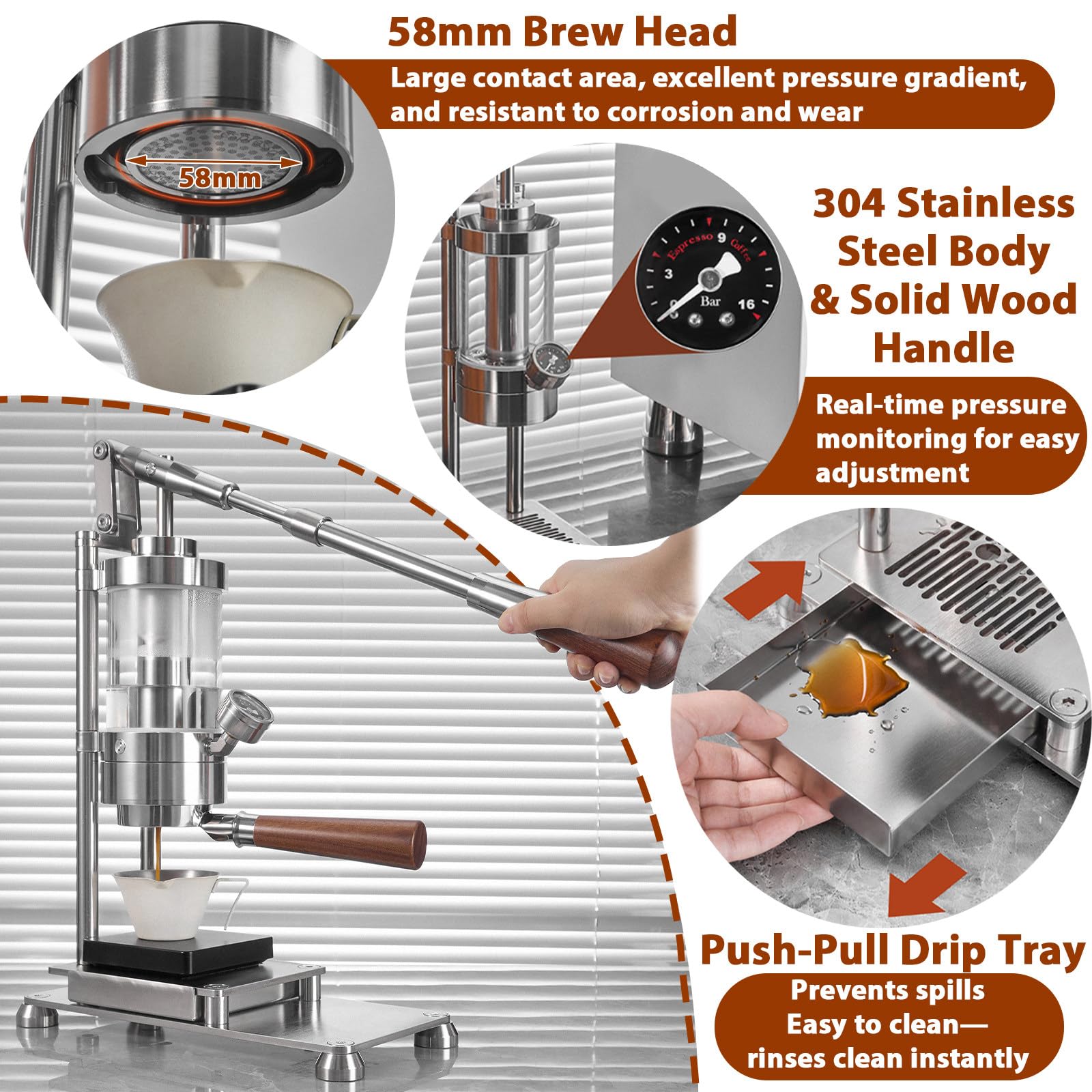 Cafetera Retro de Palanca, Cafetera de Palanca Manual, 345ml, Control Presión 1-16 Bar, Filtro 58mm, para Baristas Profesionales, Cafetera de Piston Manual Set+DigitalScale