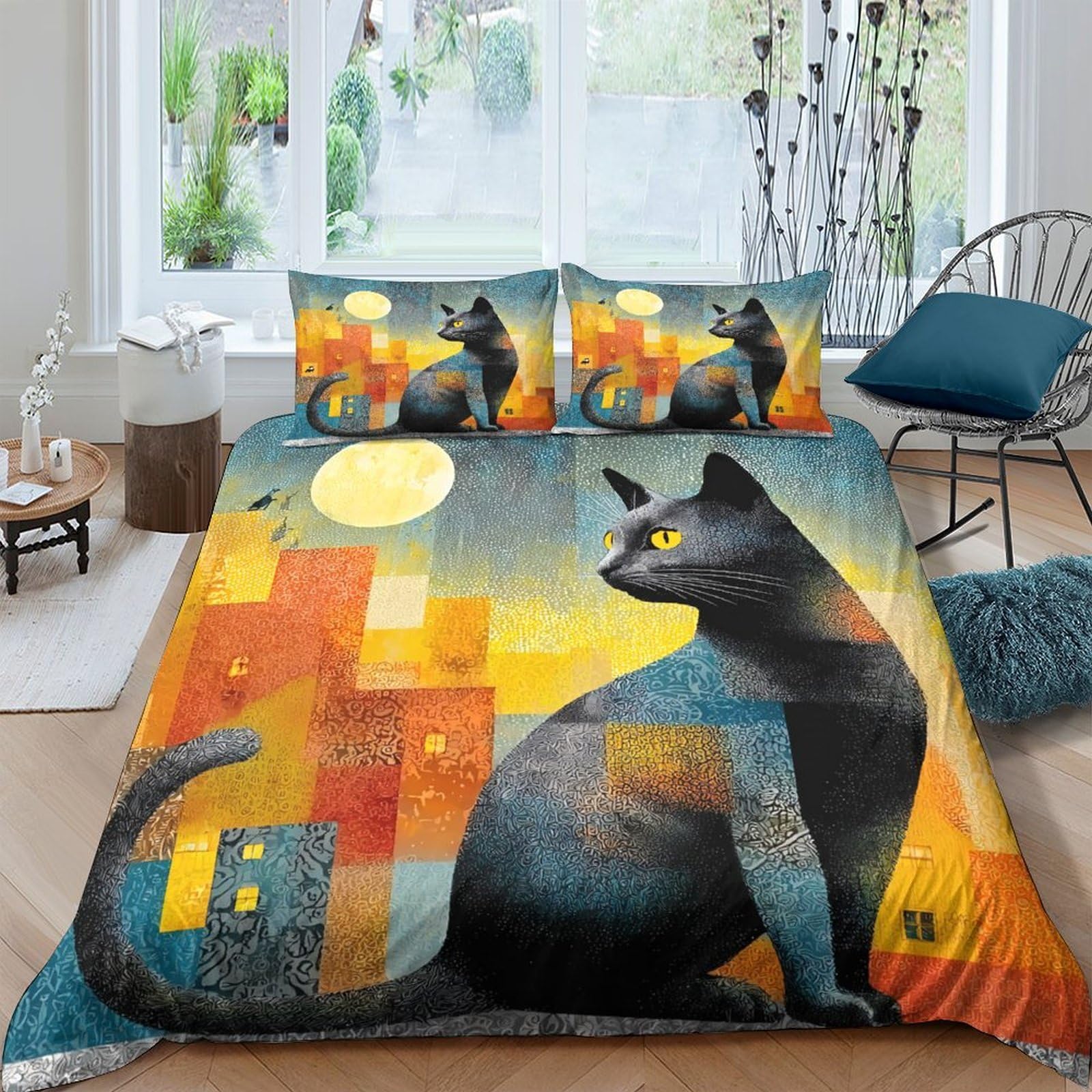 Ctjqhvkz Style-7 3D Printed Black Cat Cityscape Fitted Sheet Microfiber Soft Breathable Moonlight Bed Cover For Bedroom Dorm Decor Single（135X200cm）