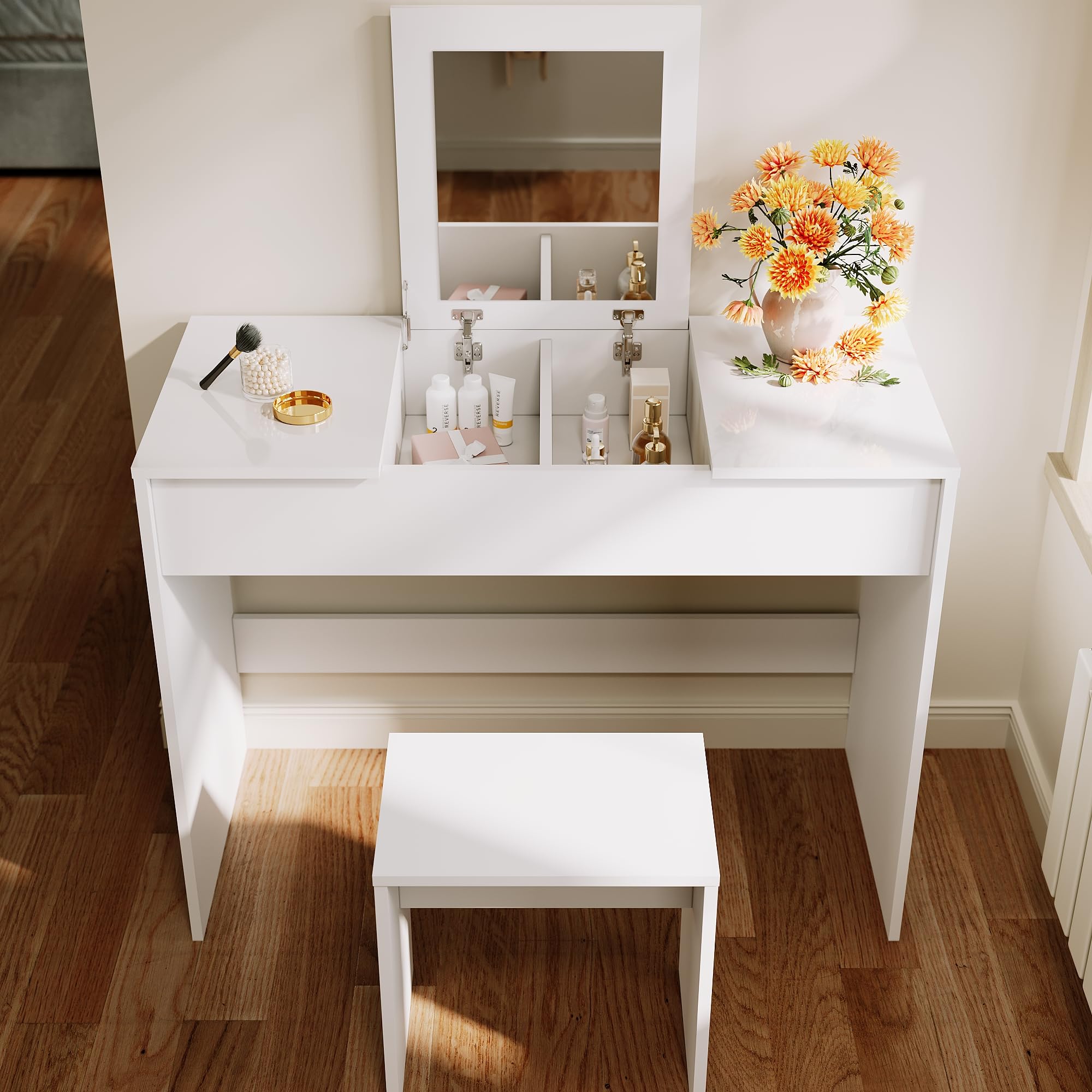 ELEGANT Dressing Table Set with Flip-Up Mirror & Stool, Vanity Makeup Desk with Hidden Cosmetics Storage for Women & Girls’ Bedrooms, Convertible Writing or Office Desk, White — image 1