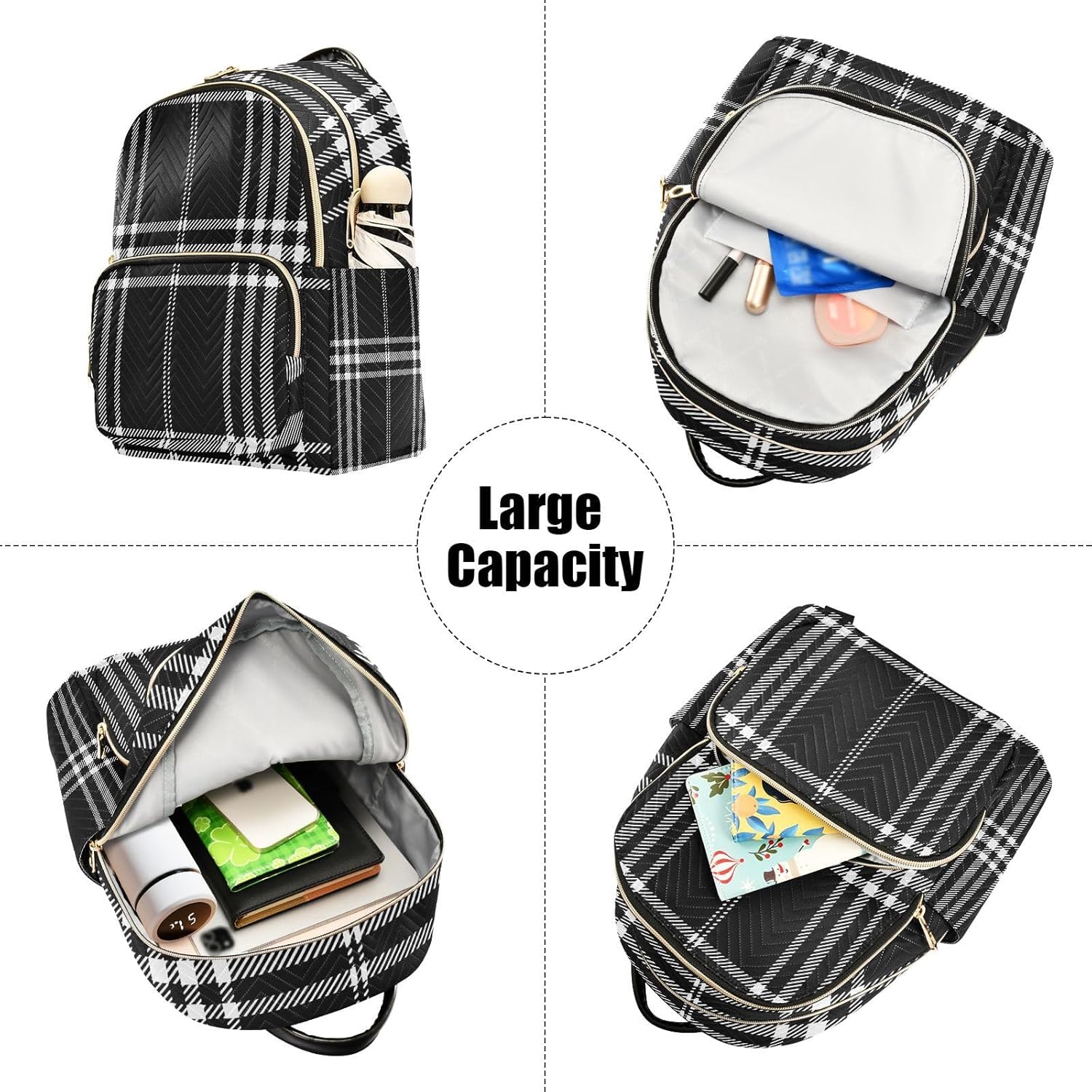 Mini Backpack for Women Black White Plaid Checkered Stripe Small Purse Daypacks Stylish Bags Lightweight Travel Backpacks for College Shopping Work Dating - Image 5