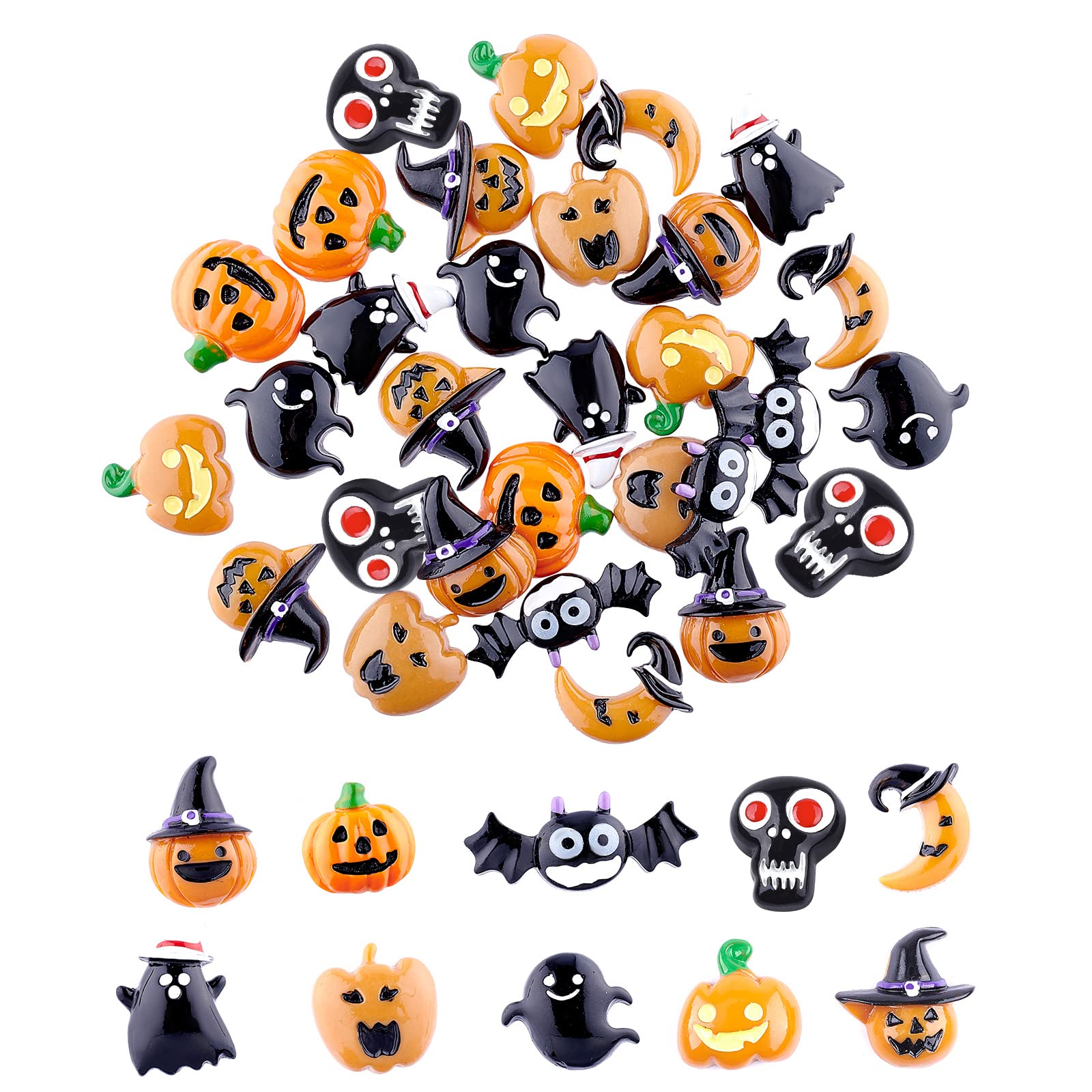 PandaHall 30pcs 10 Styles Halloween Resin Cabochons Skull Ghost Pumpkin Moon Resin Bat Flat Back Scrapbook Embellishment Charms for DIY Brooch Earring Decoration Mobile Phone Case Accessories