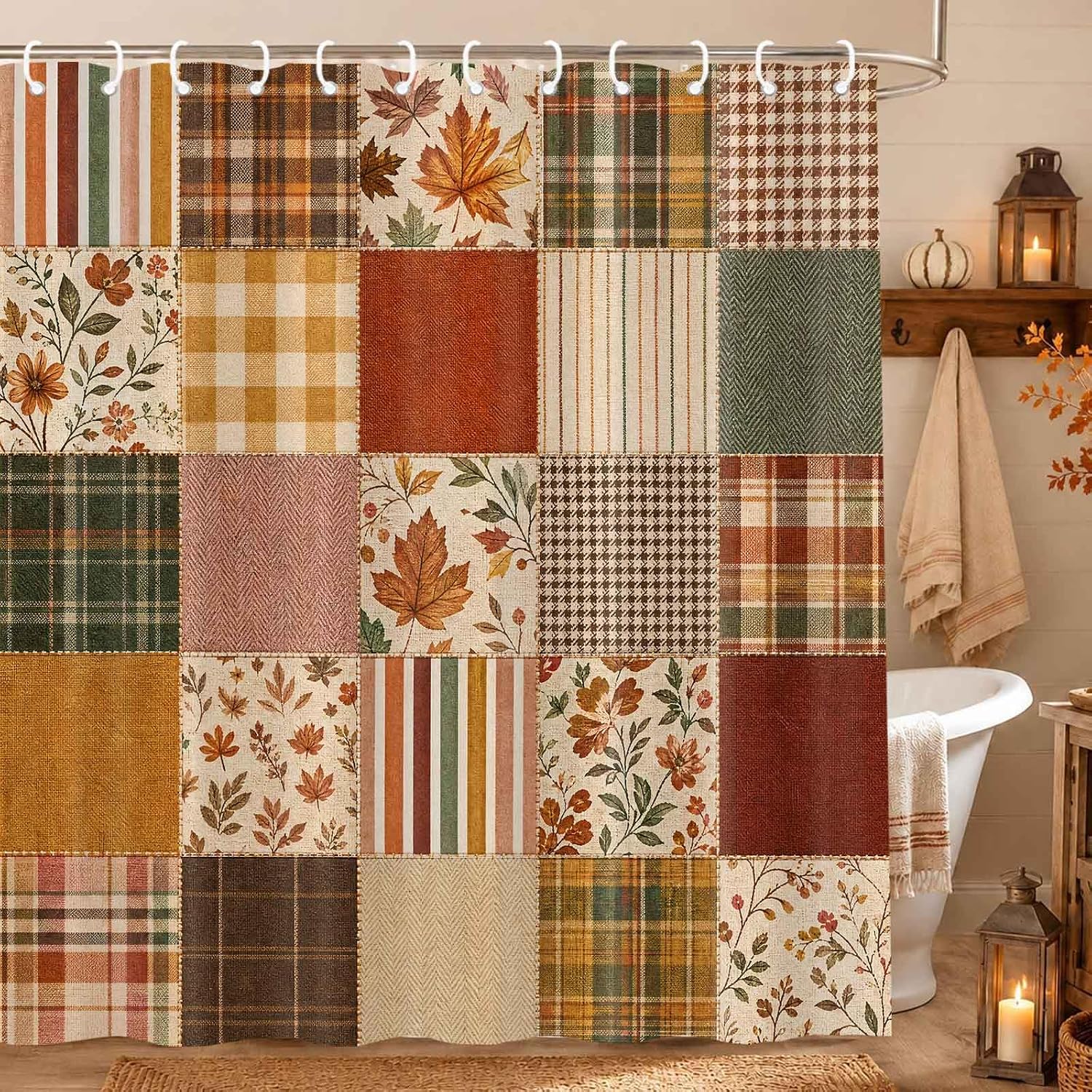 Fall Shower Curtain Boho Floral Autumn Patchwork Bathroom Curtains