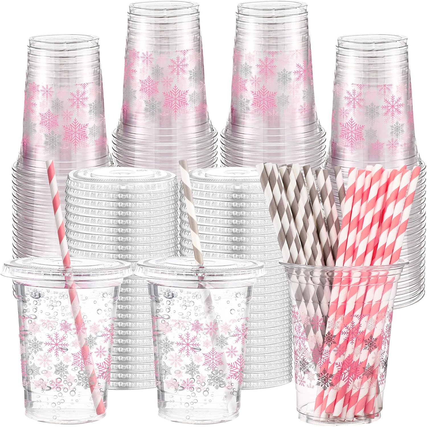 Shellwei 50 Set 16 oz Winter Snowflakes Plastic Cups with Lids and Straw Disposable Clear Ice Coffee Beverage Drinking Cups for Christmas Birthday Winter Decorations(Blue Purple)