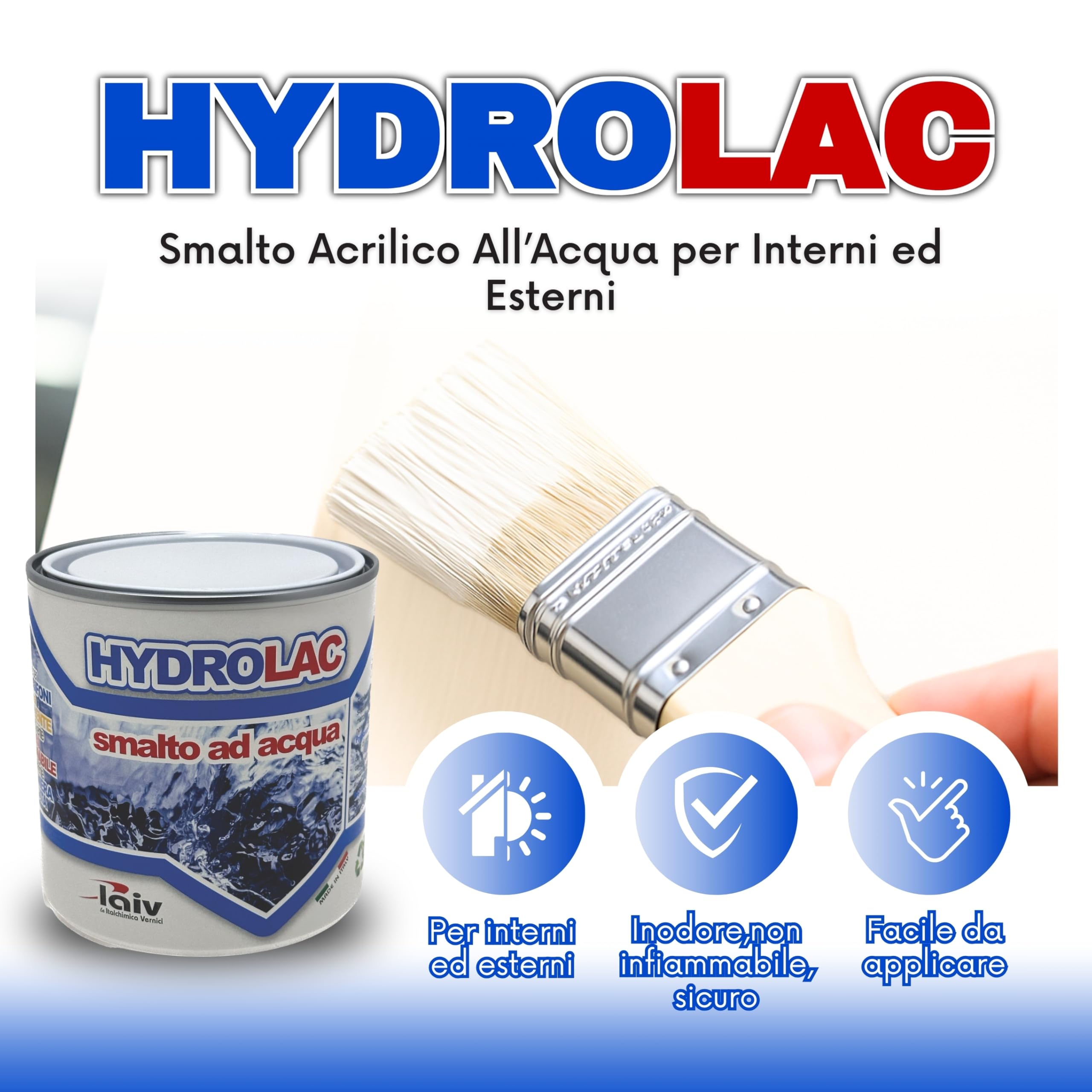 laiv Smalto Acrilico all'Acqua per Interni ed Esterni – 2,5 LITRI - Inodore, Rapida Essiccazione, Non Infiammabile – Uso Professionale Ecologico - Hydrolac - Bianco Lucido