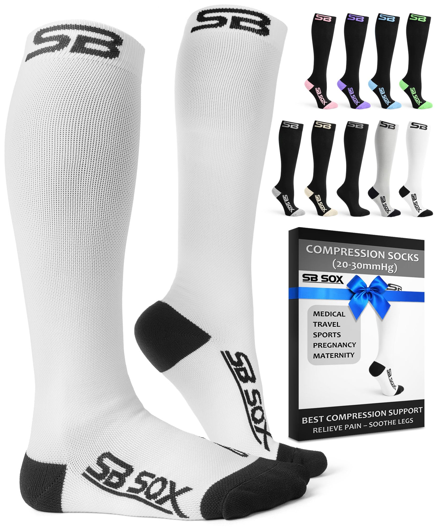 SB SOX Compression Socks (20-30mmHg) for Men & Women (White/Black, Small)