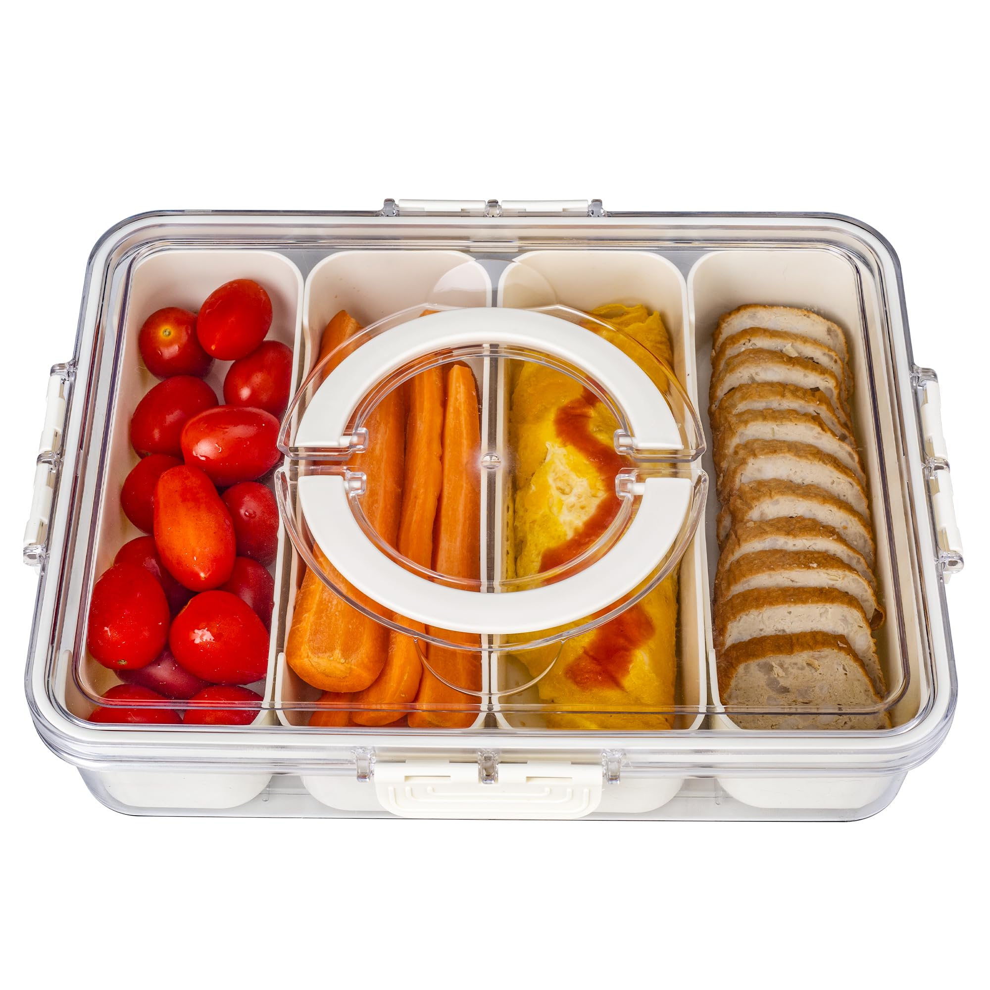 Bandesun Vassoio da portata diviso con coperchio e manico, contenitore per snack e salumi, contenitore portatile per snack, organizer trasparente per caramelle, frutta, noci, snack, 4 griglie