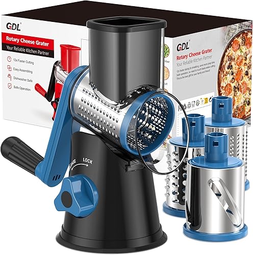 Rallador de queso rotativo, rallador giratorio para cocina, cortador de verduras de cocina con 3 cuchillas de tambor, triturador de queso de corte