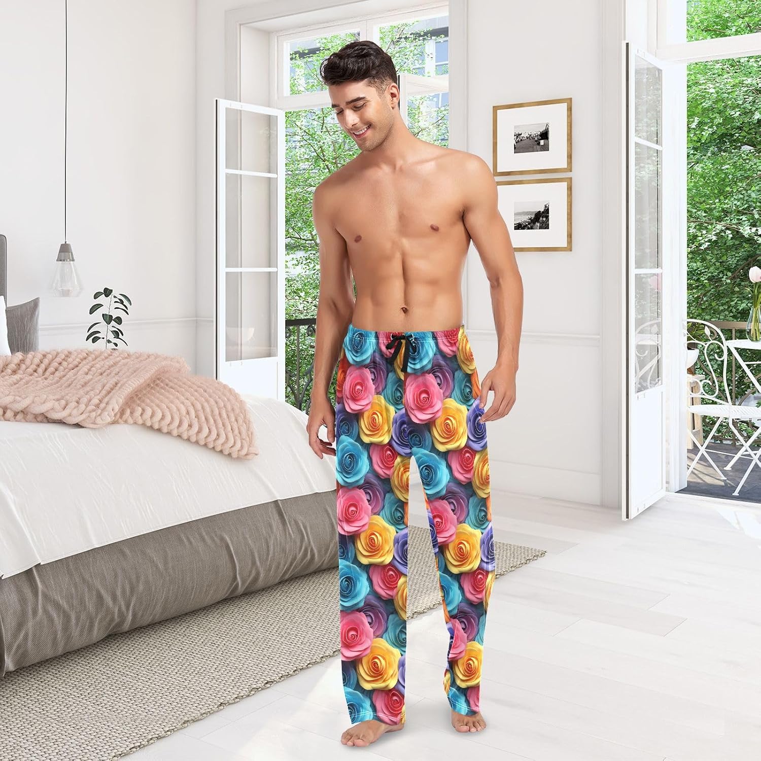 ALAZA Rainbow Rose Flowers 3d Men's Pajama Pants Men Cotton Pajama Bottoms with Pockets, S
