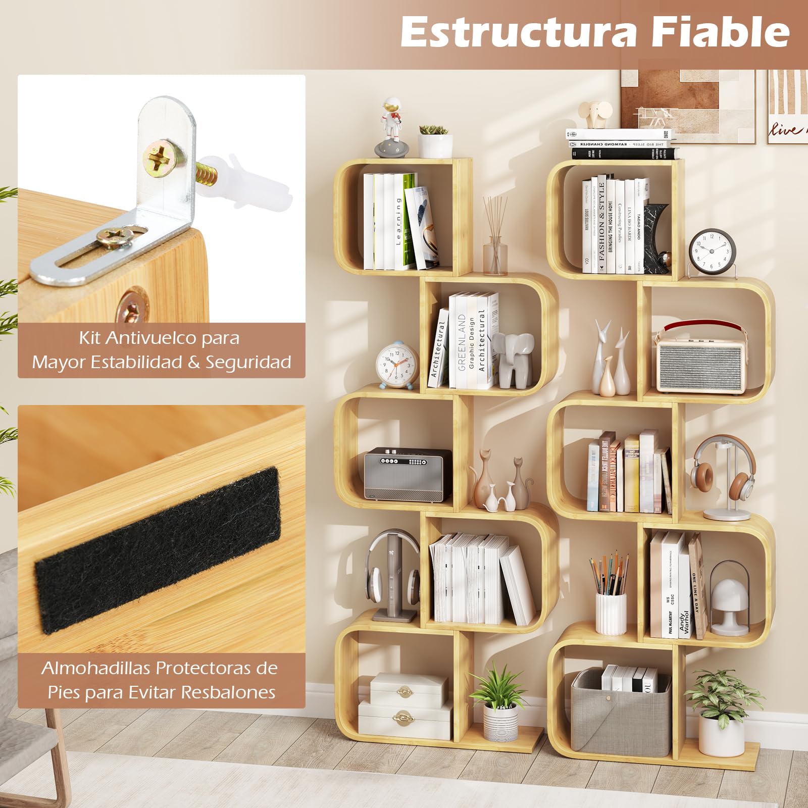 COSTWAY Libreria en Forma de S, Estantería de Bambú con 5 Cubos Abiertos, Geométrico para Esquina, Estanteria para Libros Decorativo Salon Dormitorio Oficina, 61 x 23 x 166 cm, Natural