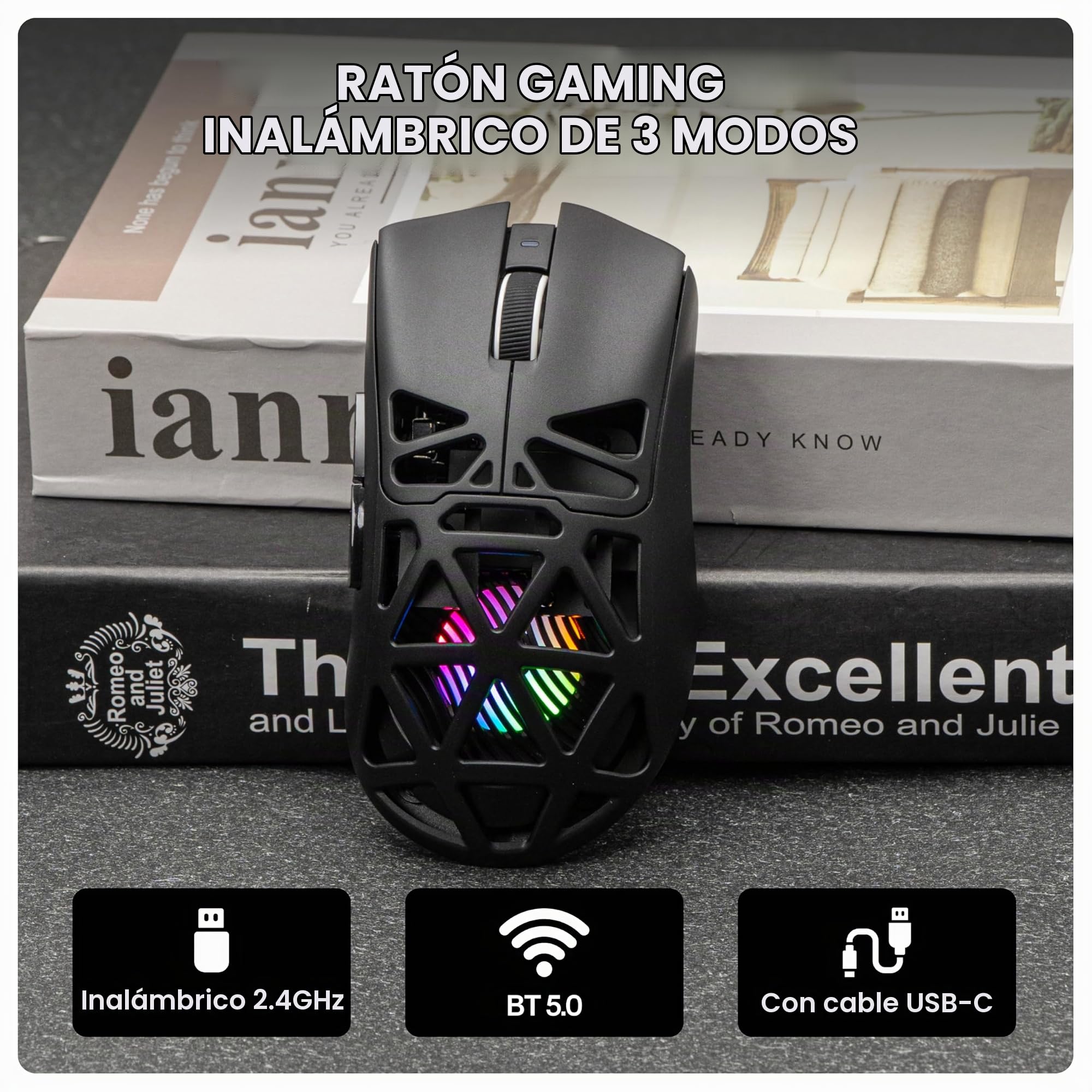 MechLands Aula SC620 - Ratón inalámbrico para juegos, 2.4G/USB-C/BT con batería de 400 mAh, ajustable de 12.000 DPI y tasa de sondeo de 1000, sensor PAW3311, iluminación RGB, botones programables