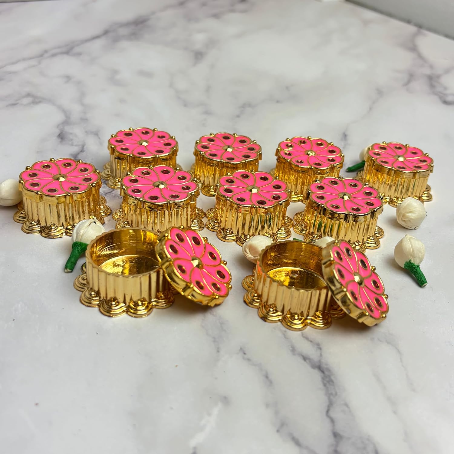 LoveNspire Elegant Pink Haldi Kumkum Holder (1.1 x 0.5 Inch) Traditional Roli Chawal Container for Weddings, Puja, Housewarming & Return Gifts 50Pcs
