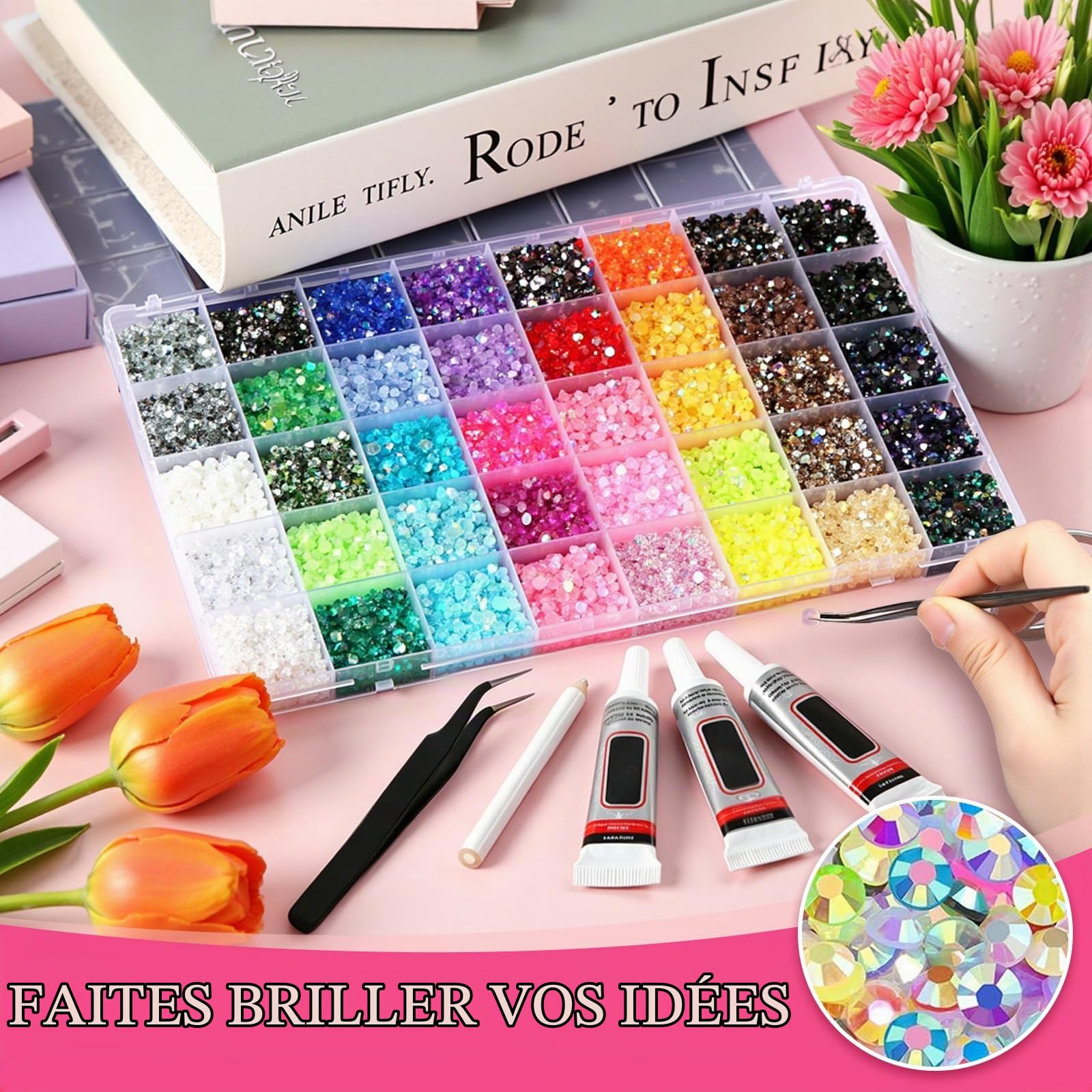 Strass en Résine pour Travaux Manuels: Lot de 32 000 3 mm 40 Couleurs 3 mm Kit éblouissant avec 3 pièces de Colle pour Travaux Manuels Tasses Chaussures Tissu Nail Art