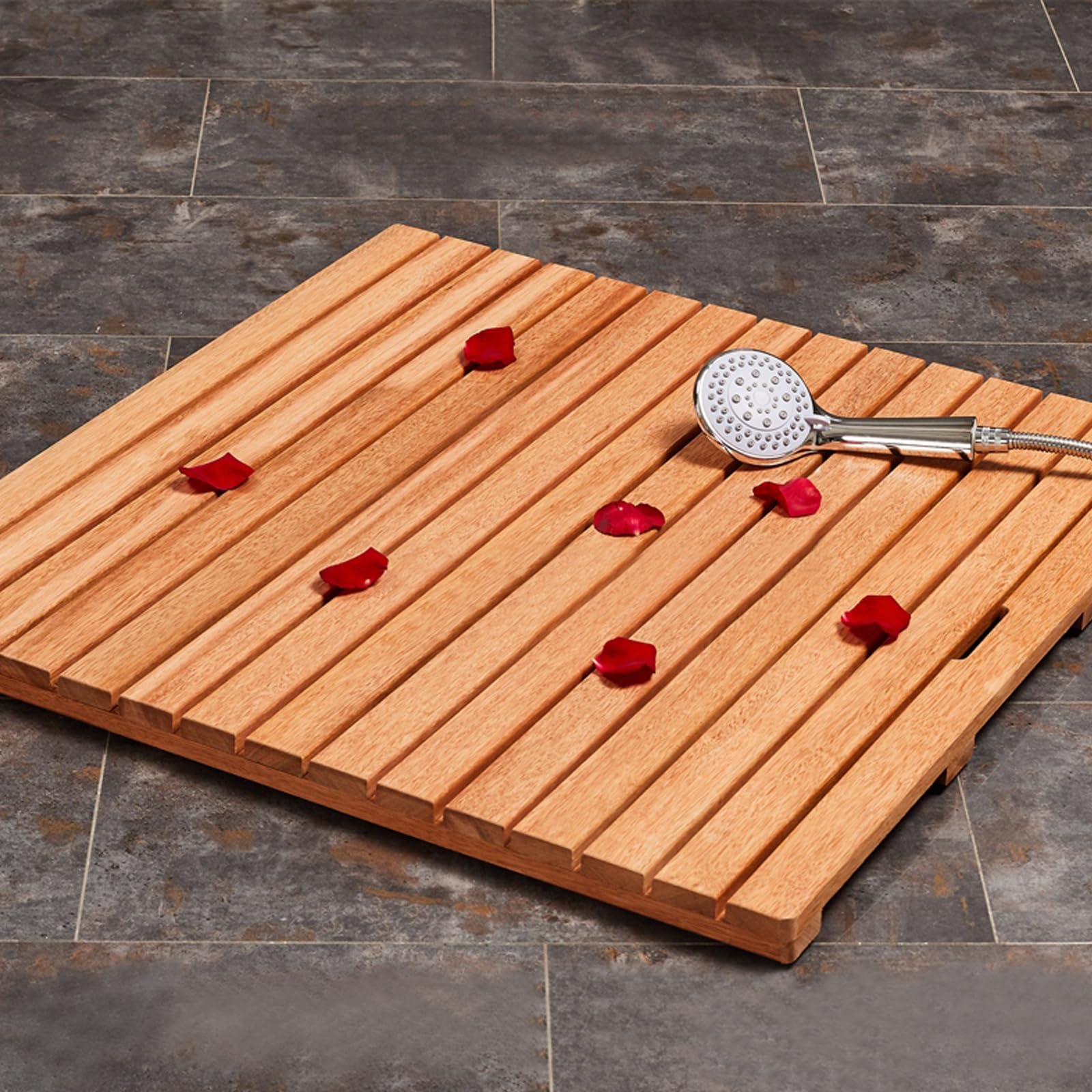 Kddeon Rectangular Wooden Bath Mat,Bathroom Shower Bath Mat,Bamboo Bath Mat For Shower,Spa And Sauna,Waterproof Anti-Slip Mat,Handle Design,Shower Room Duck Board,Wooden Floor Mat (40X40cm/16X16in)