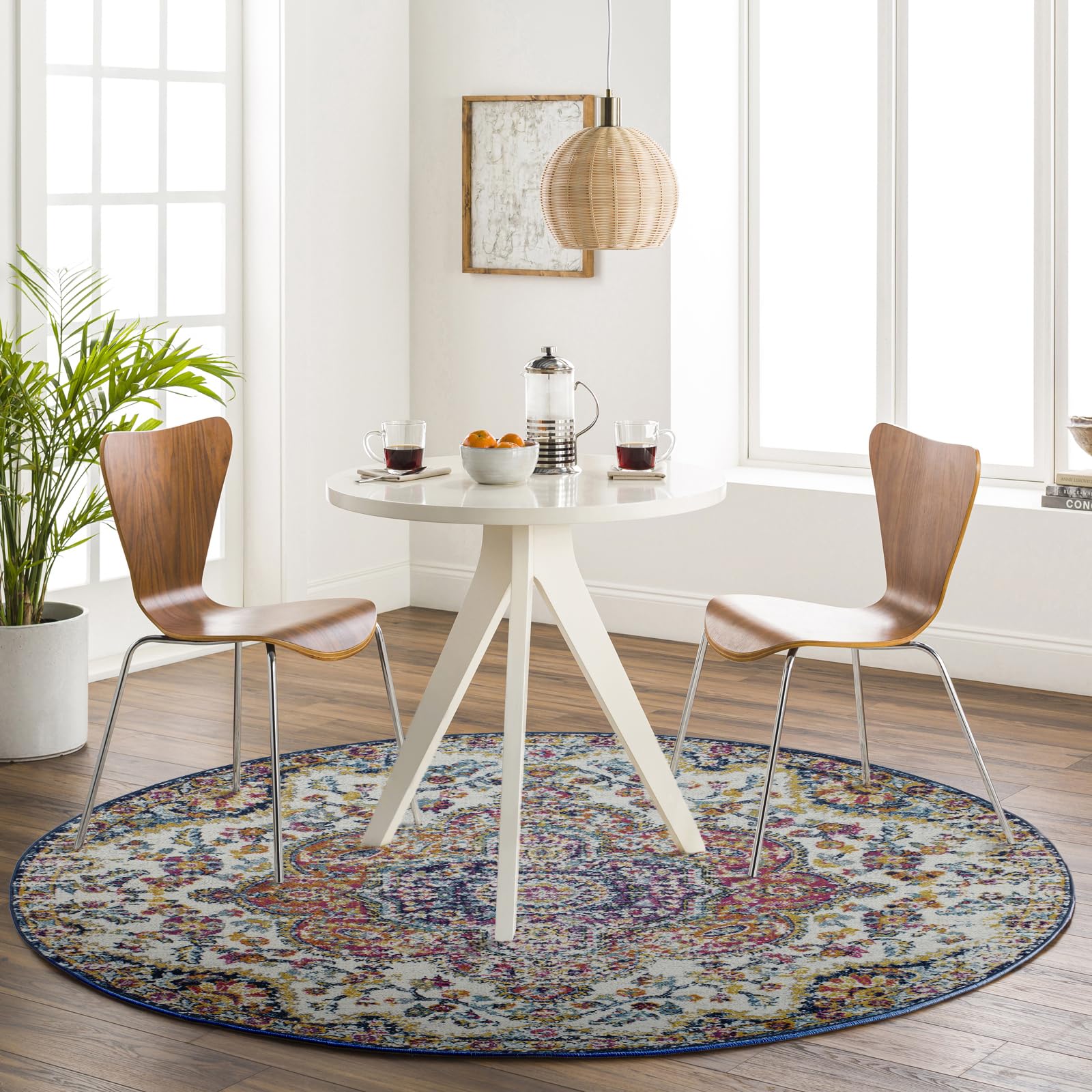 Livabliss Julia Rabat Vintage Boho Design – Round 160 cm Traditional Multicolour Floor Mat for Living Room, Dining Area & Kitchen – Easy Care, Soft Medium Pile, Fuchsia, Orange & Blue