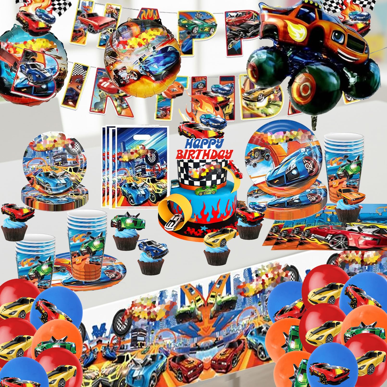 Hot Wh-els Stoviglie per Feste di Compleanno，Addobbi Compleanno Hot Wh-els，Cars Tovaglia, Piatti di Carta，Adatto a 10 persone