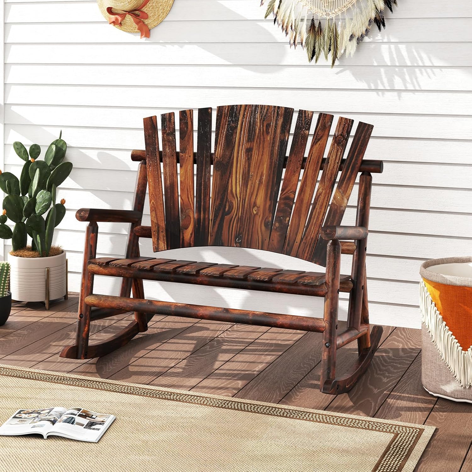 Tangkula 2-Person Wood Outdoor Rocking Chair, Outside Adirondack Rocker with High Back and Slatted Seat, Oversized Porch Rocking Chair for Balcony, Garden, Backyard, Patio