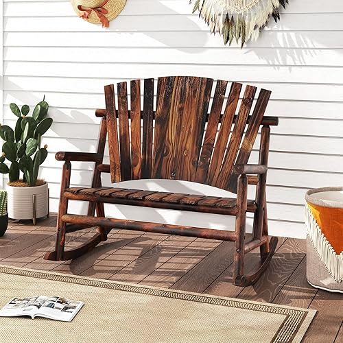 Miniatura 4 de Tangkula Silla mecedora de madera para 2 personas para exteriores, balancín Adirondack con respaldo alto y asiento acanalado, silla mecedora de